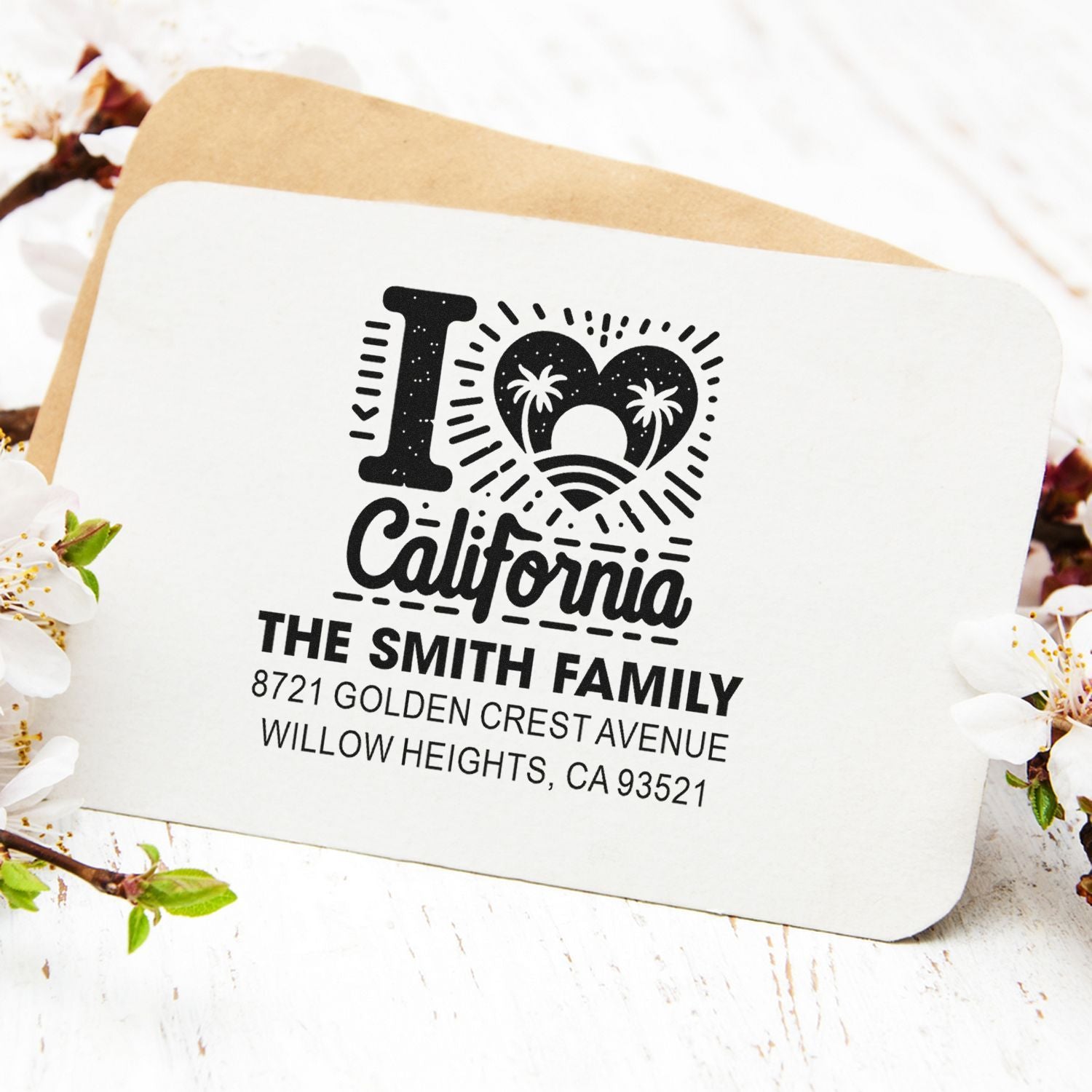Custom return address rubber stamp with I Love California design for The Smith Family, ideal for personalized mailing.
