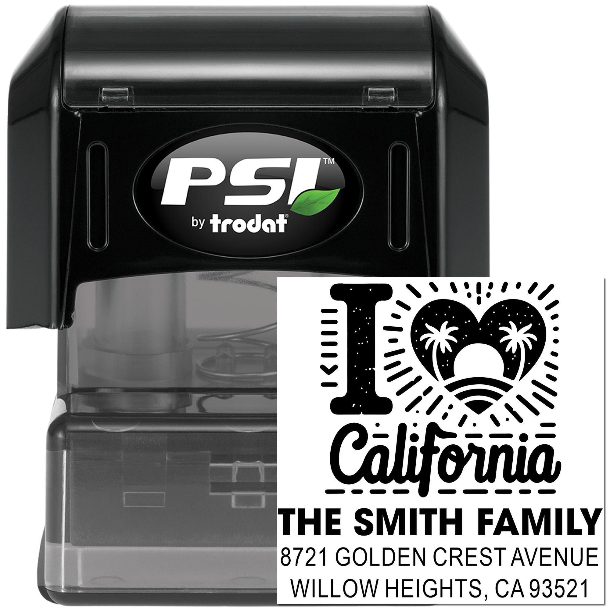 Custom self-inking address rubber stamp with California design for The Smith Family return address