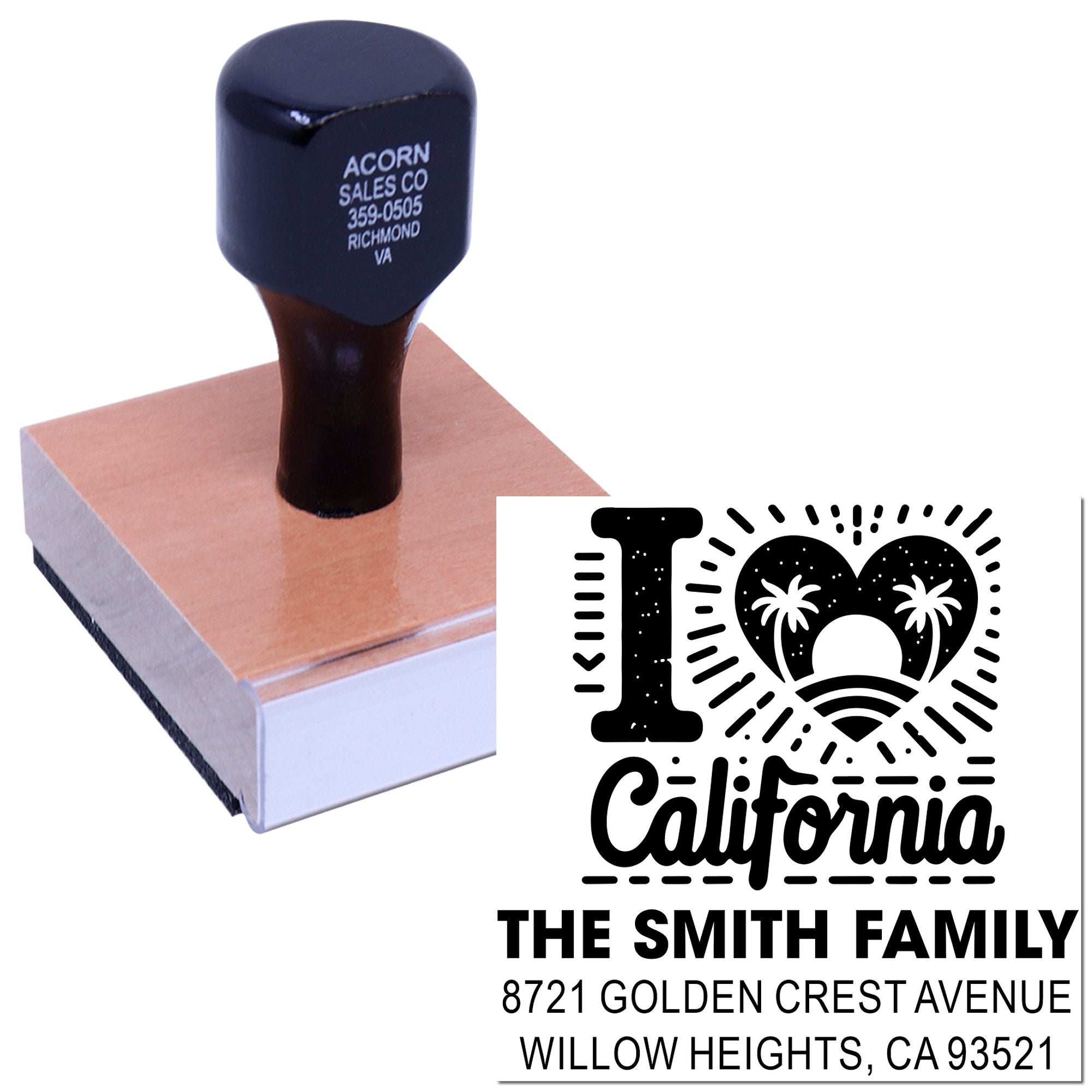 Custom rubber stamp with California family return address and palm tree heart design for personalized mailing.