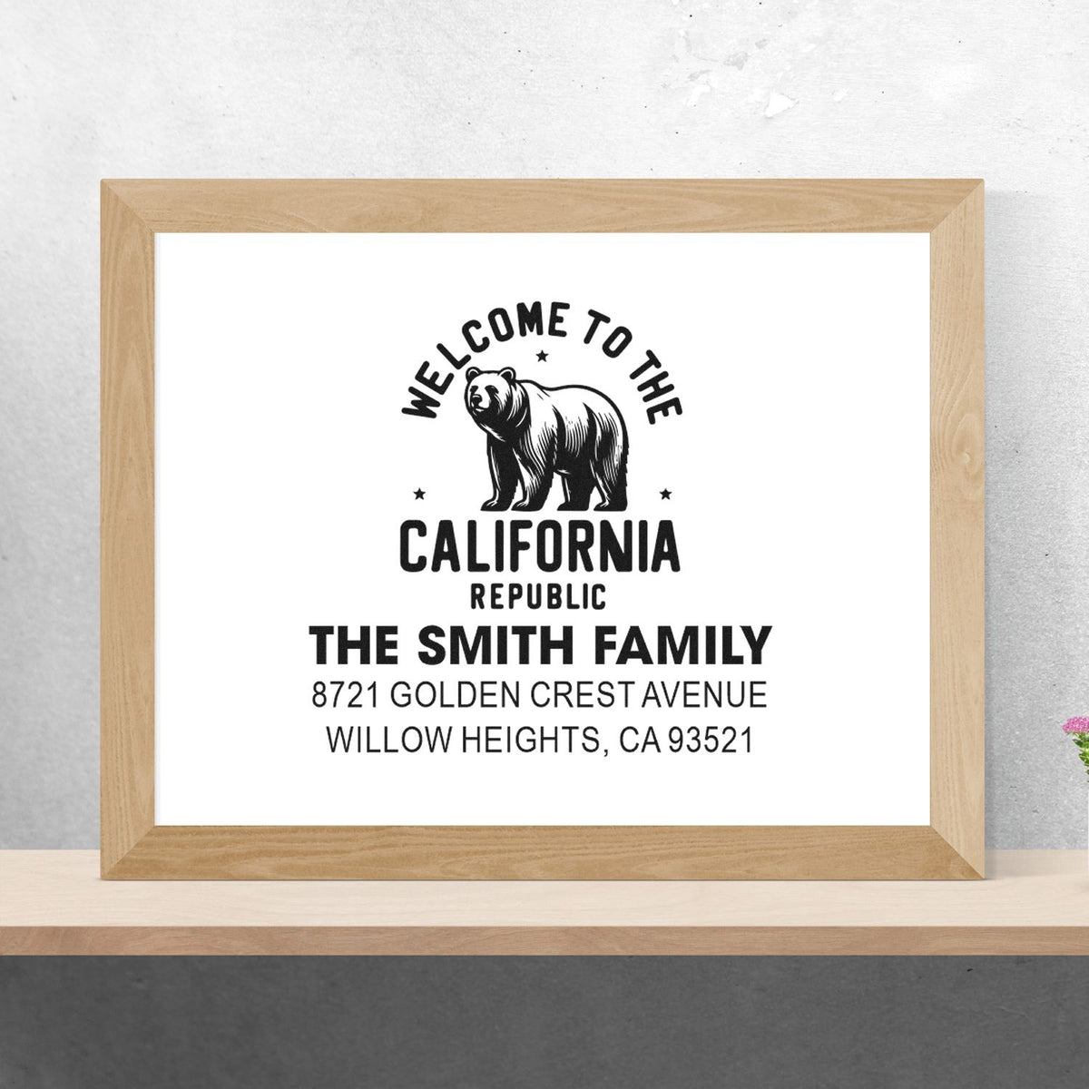 Custom California Republic family address rubber stamp with bear design, ideal for personalized return mail and home gifts.