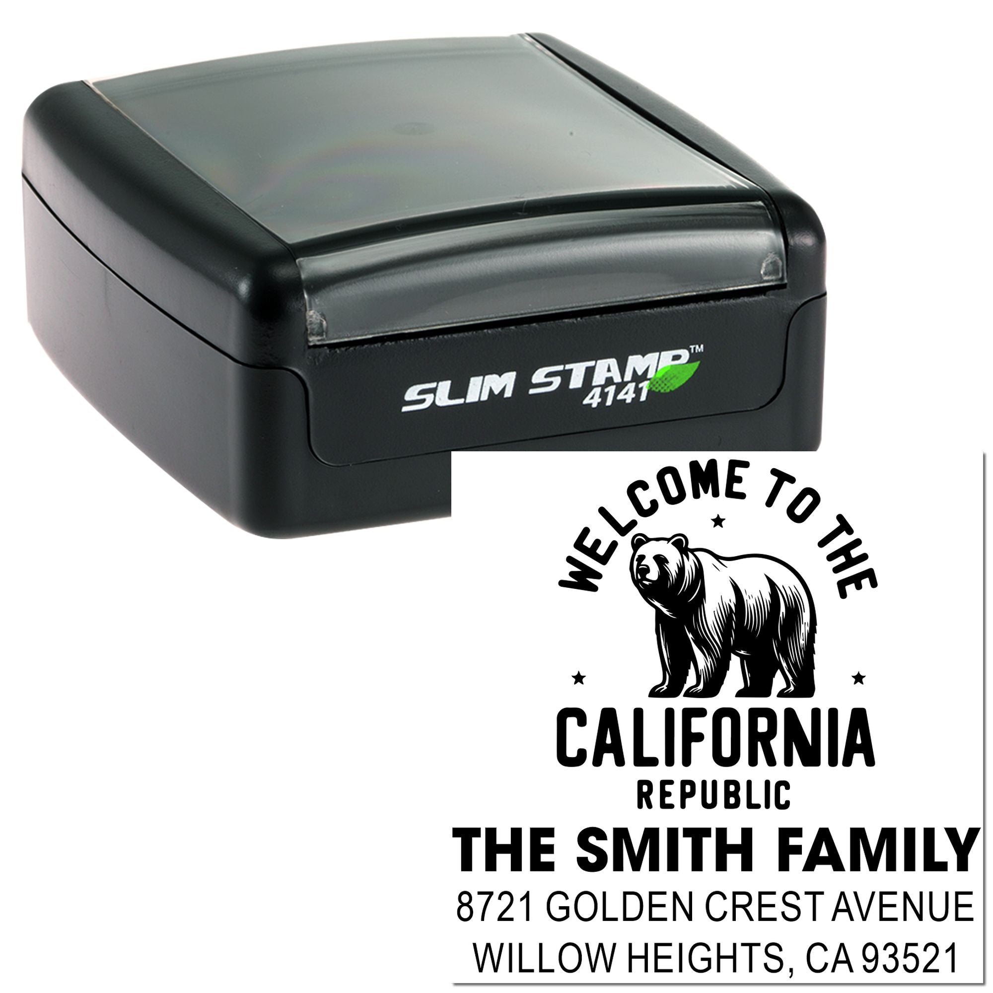 Slim Stamp 4141 self-inking custom address rubber stamp with California Republic bear design for The Smith Family.