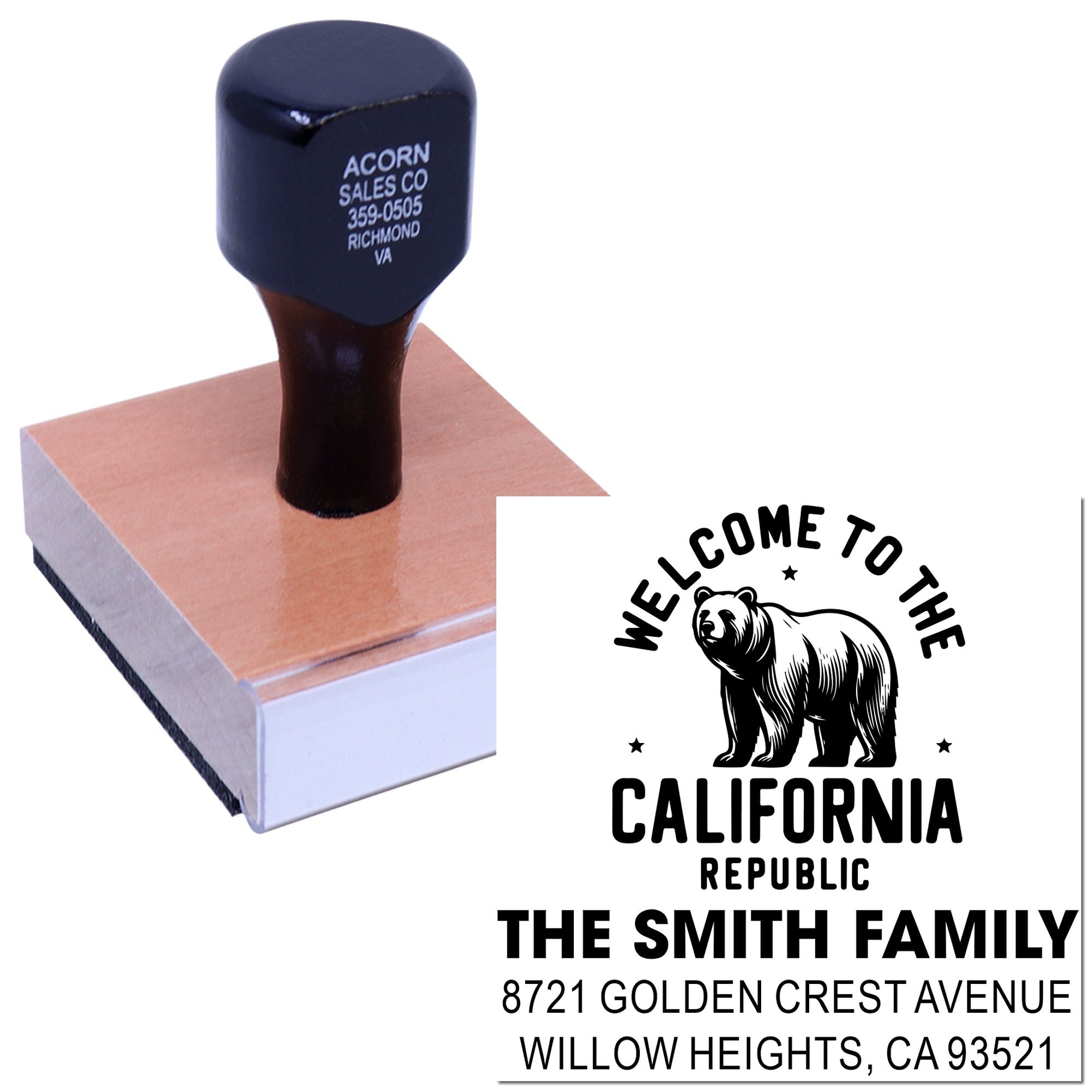 Custom family address rubber stamp with bear design, featuring The Smith Family and California Republic for envelopes.