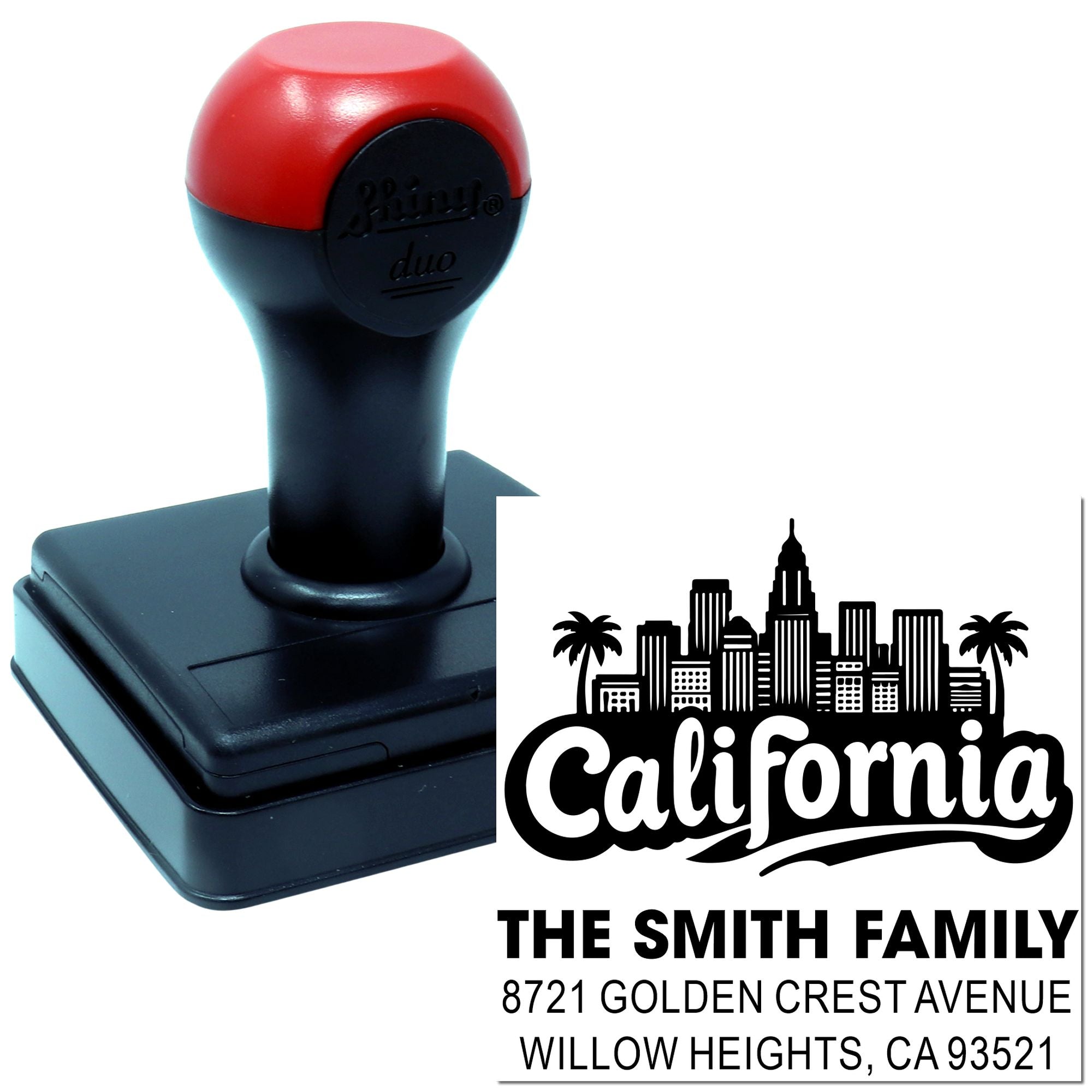 Custom California return address self-inking rubber stamp with skyline design for family mailing labels.