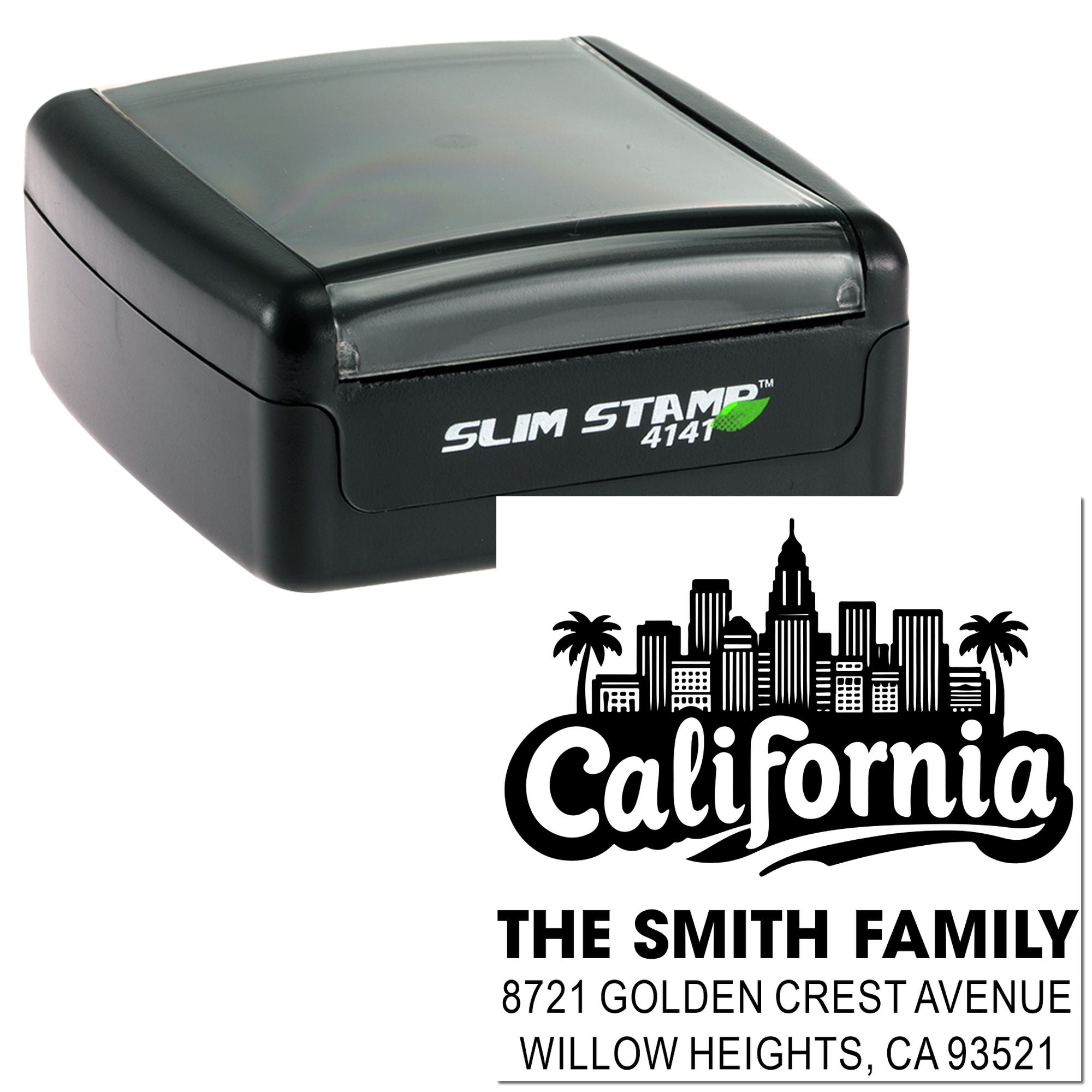 Custom California address rubber stamp with Slim Stamp 4141 self-inking stamp for personalized family mail.