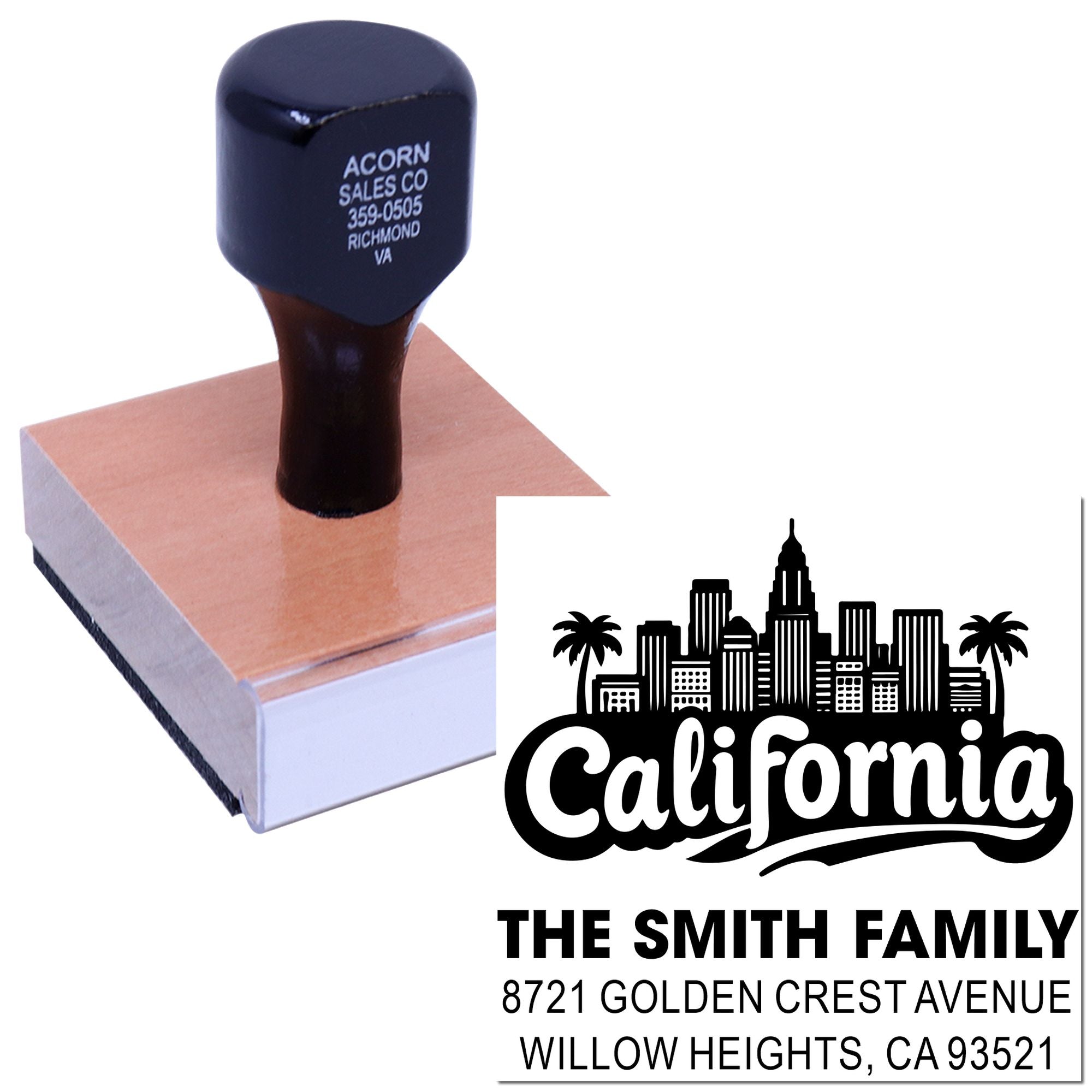 Custom California address rubber stamp for The Smith Family with skyline design and return address imprint.