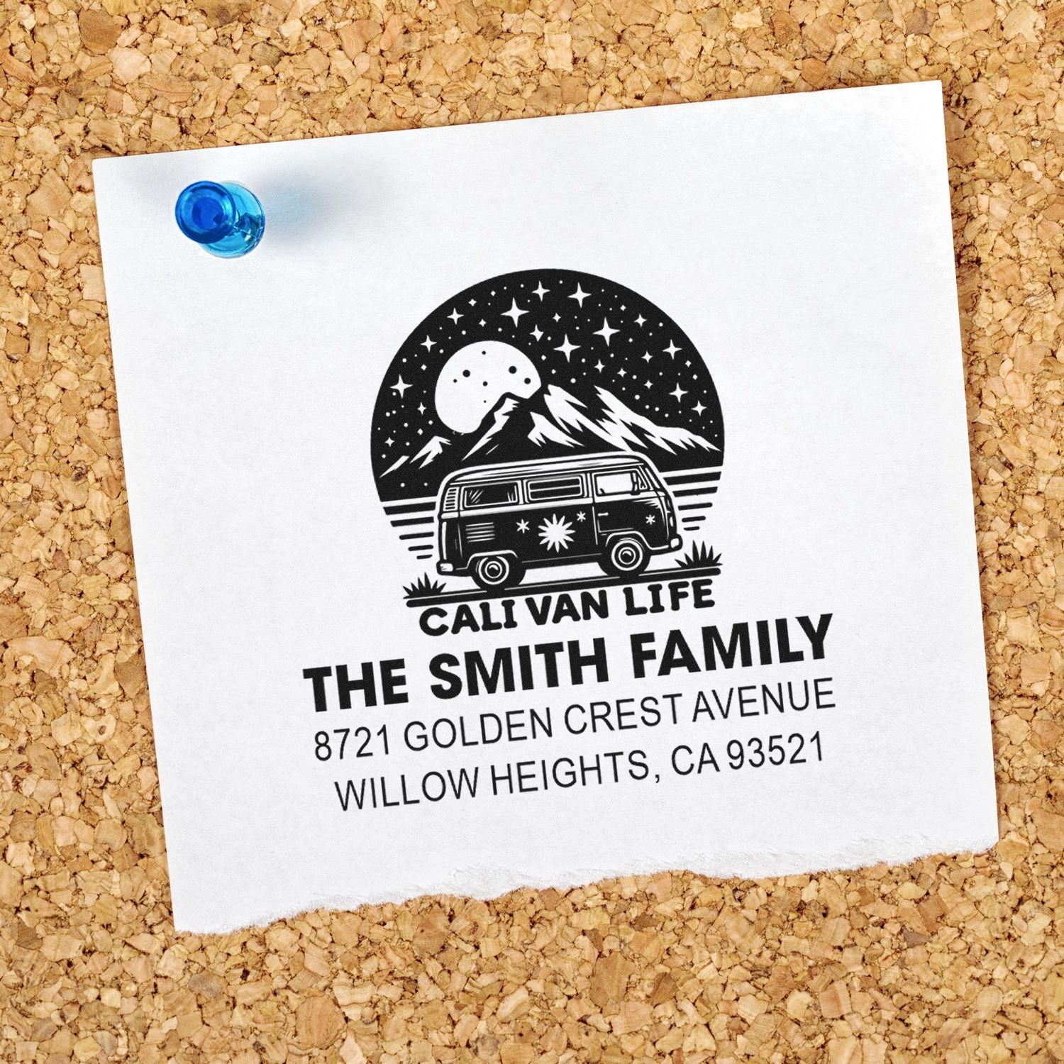 Custom rubber stamp with Cali van life design and family address, ideal for personalized mailing and home branding.