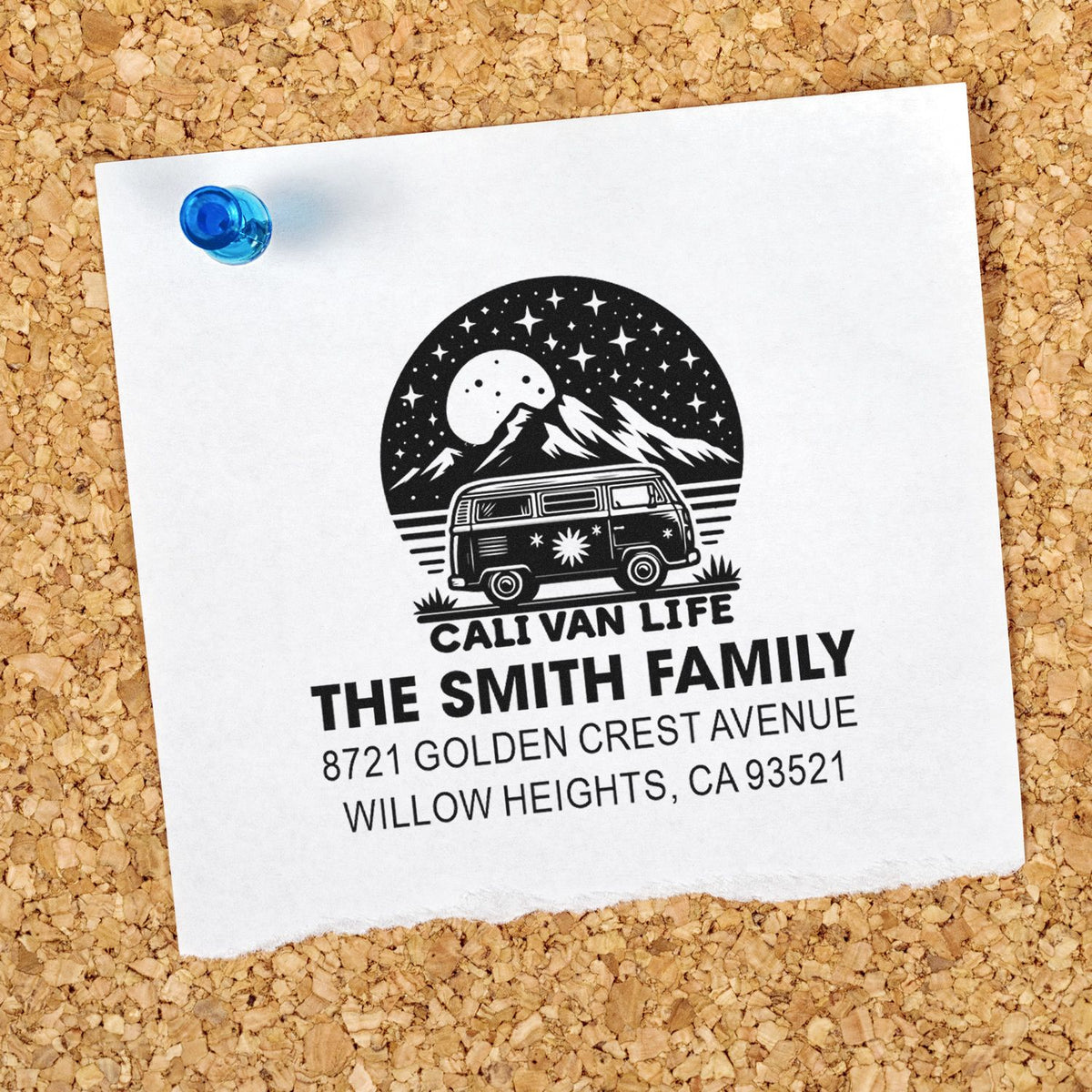 Custom return address rubber stamp with Cali van life design for The Smith Family, featuring a van, mountains, and stars.