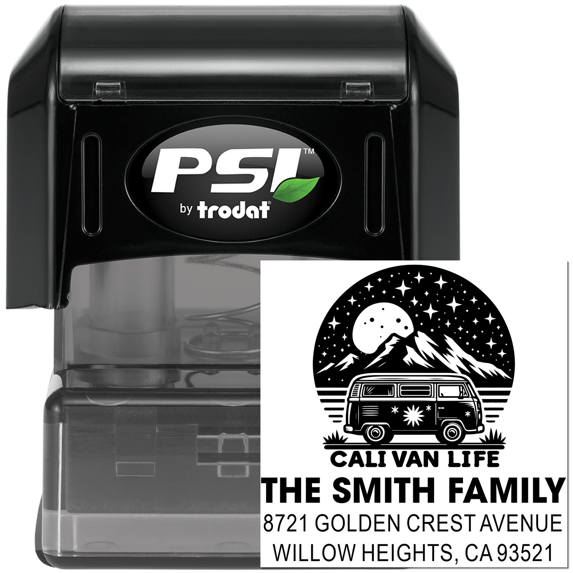 Custom self-inking address rubber stamp by PSI Trodat with Cali Van Life van graphic and family name for mailing labels.