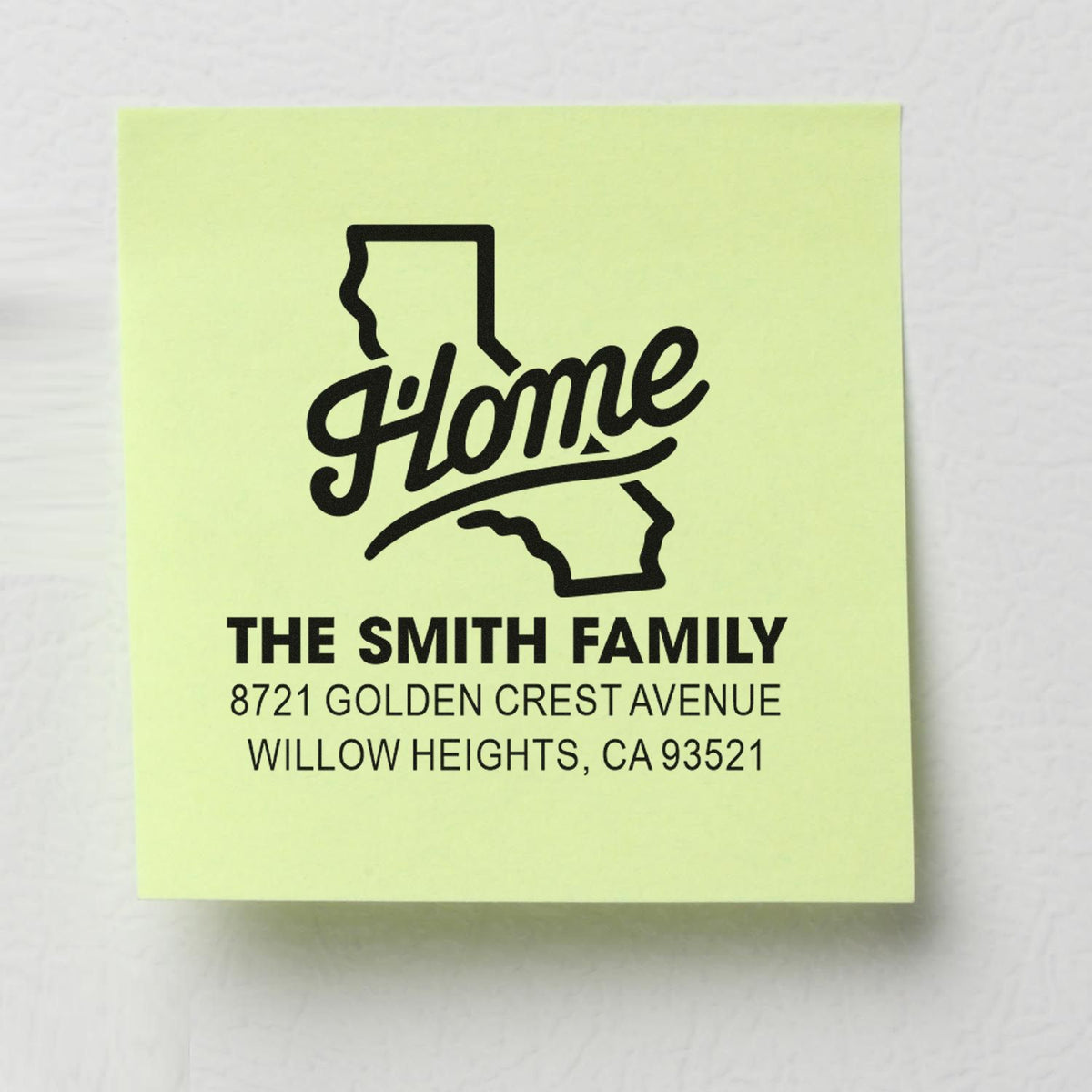 Custom family return address rubber stamp with California home design for The Smith Family, Willow Heights, CA.