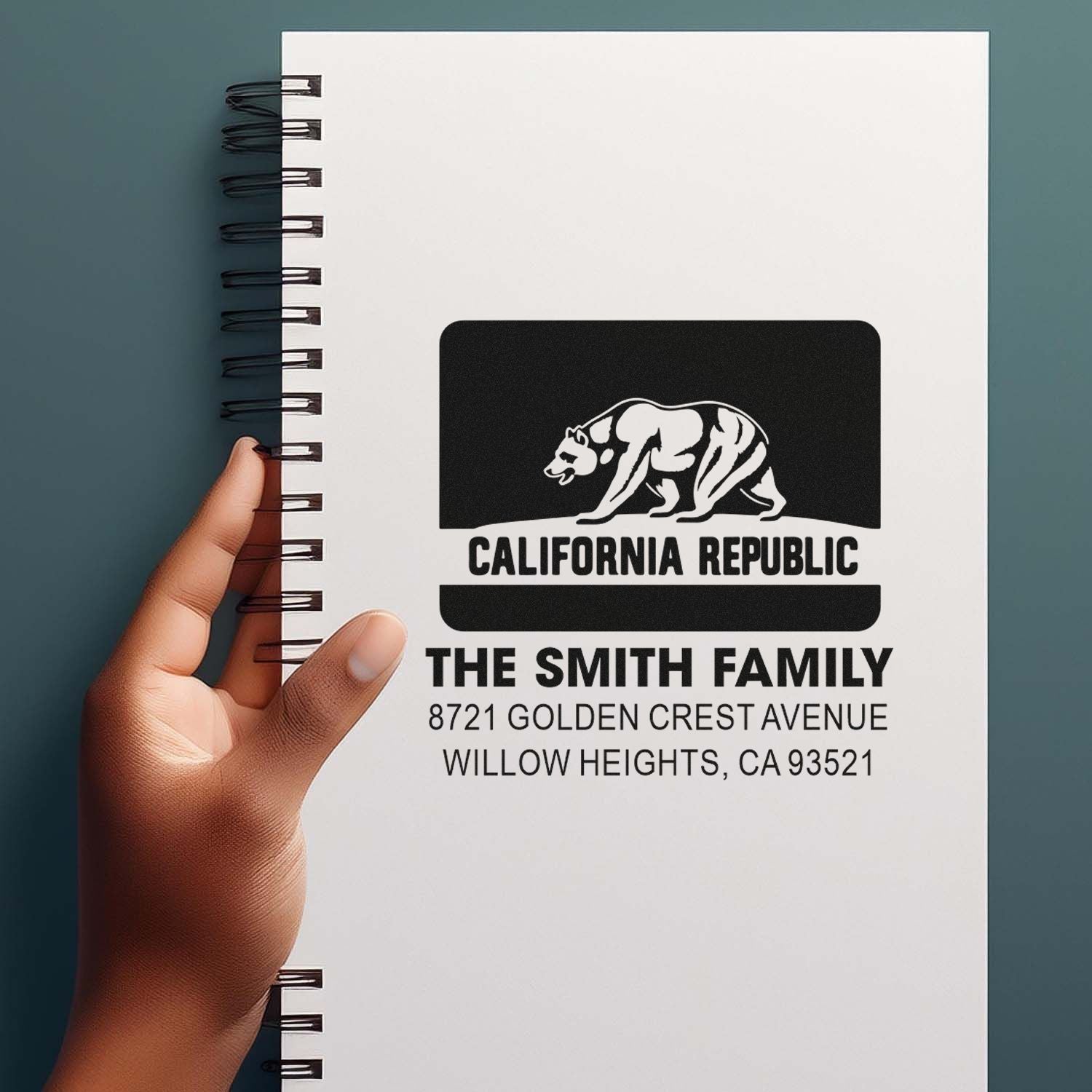 Custom return address rubber stamp with California Republic bear logo for The Smith Family mailing label.