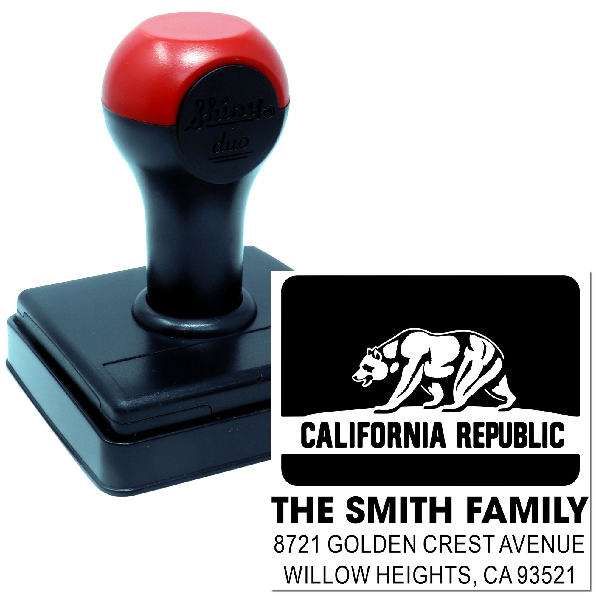 Custom self-inking rubber stamp with California Republic bear and The Smith Family return address, Willow Heights, CA.