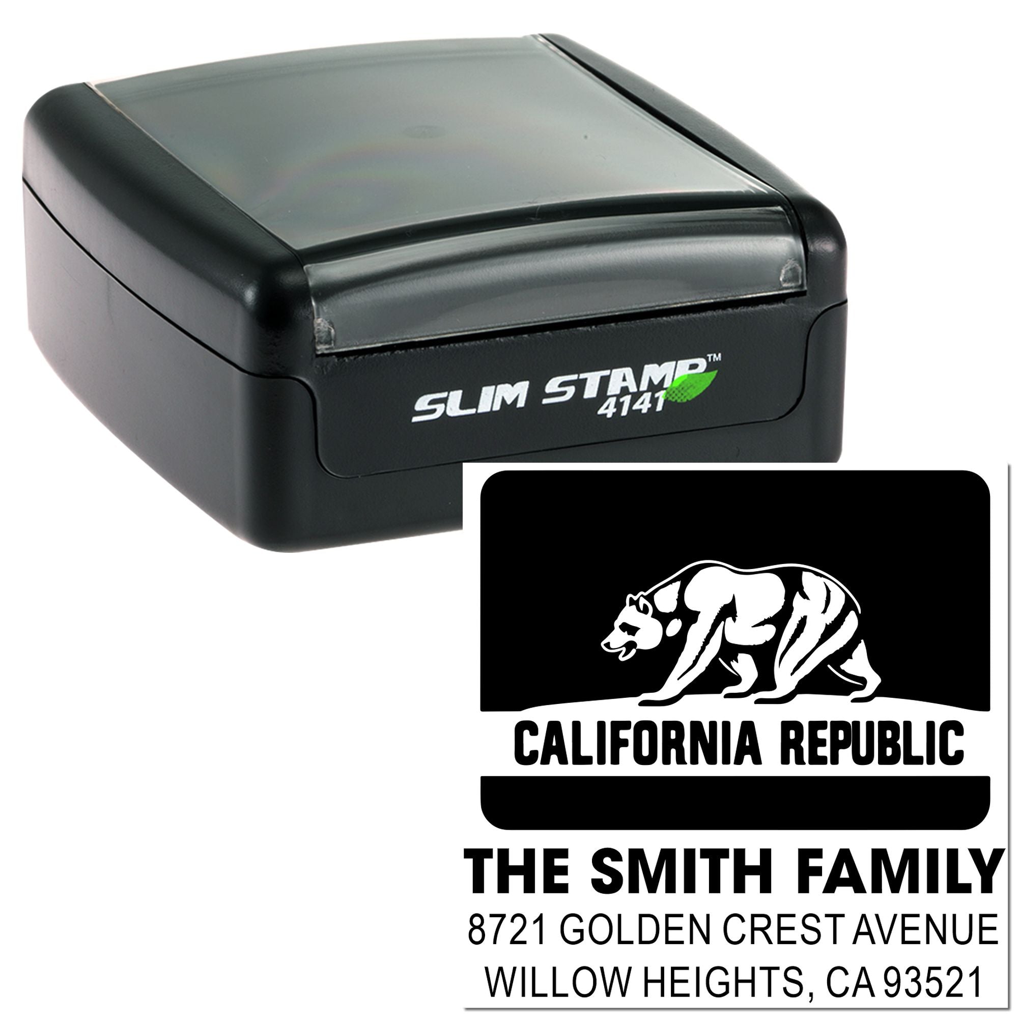 Custom California Republic return address rubber stamp, personalized family name and address, Slim Stamp 4141 self-inking design.