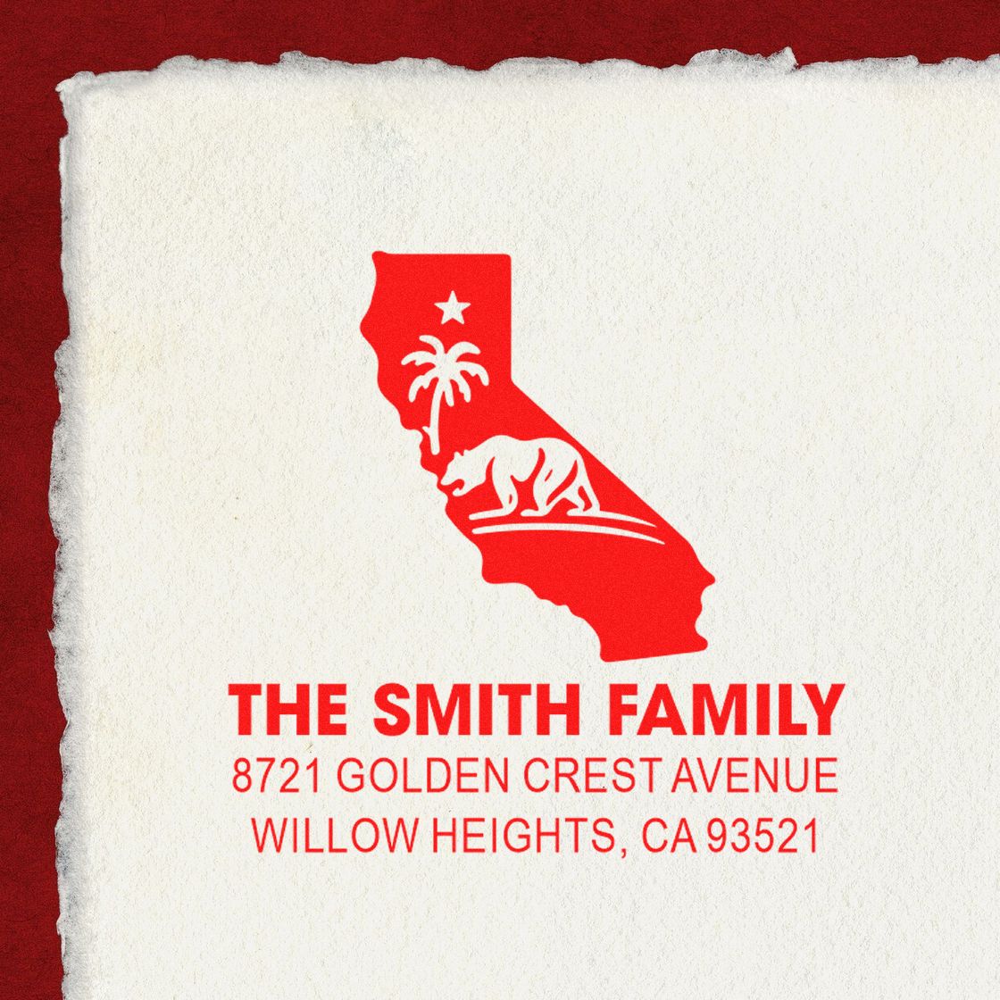 Personalized California family return address rubber stamp for The Smith Family, Willow Heights, CA 93521.