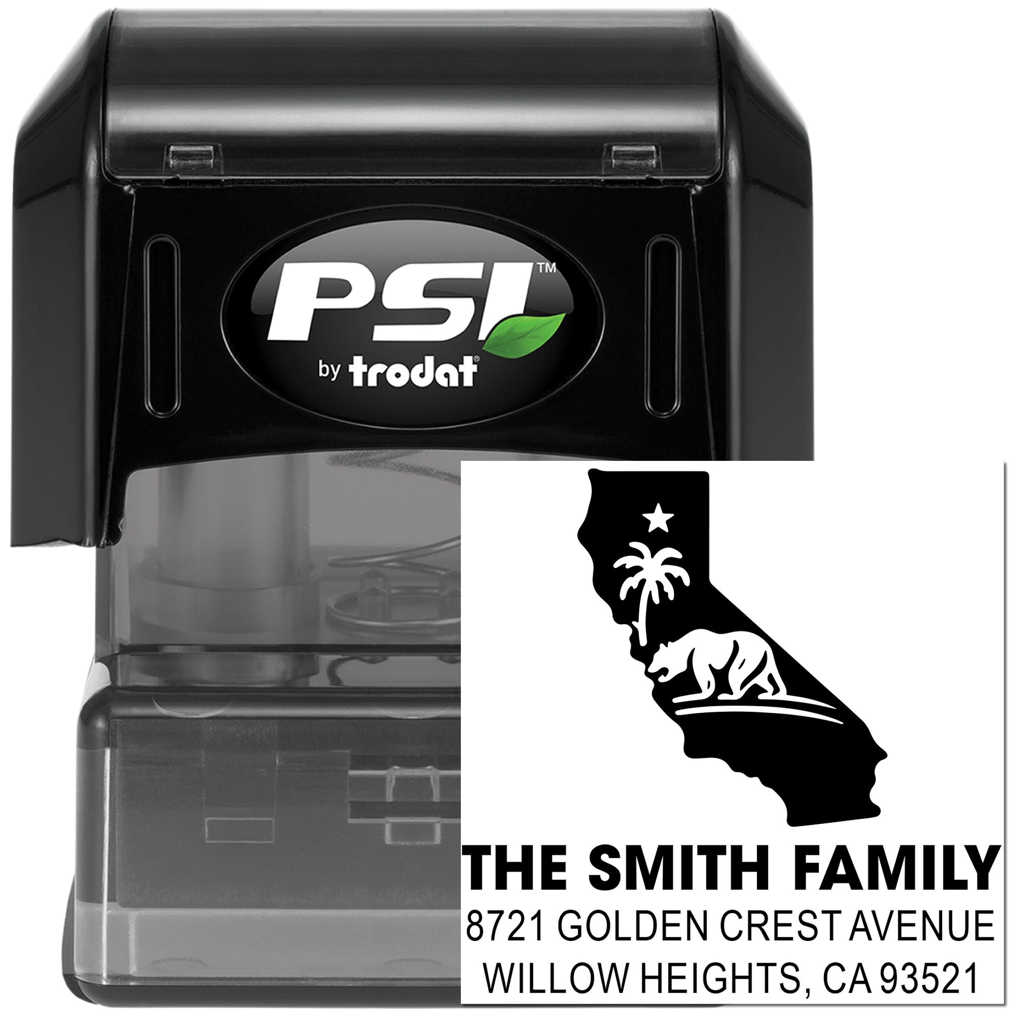 PSI by Trodat custom self-inking rubber address stamp with California family return address design