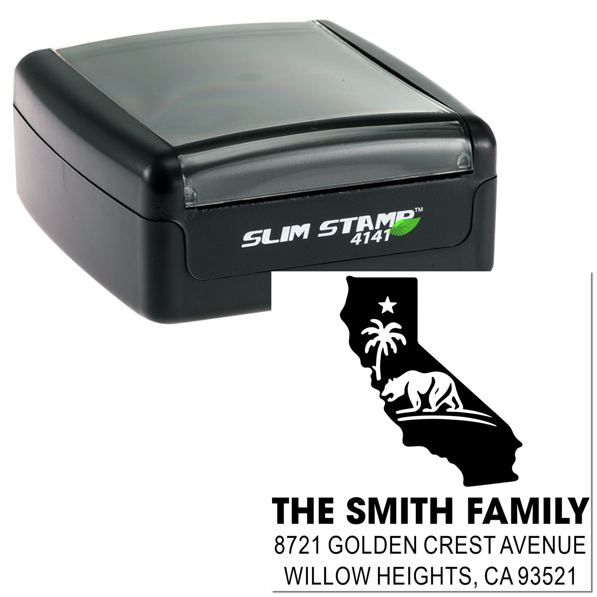 Custom California self-inking address rubber stamp for The Smith Family, with state silhouette and return address.