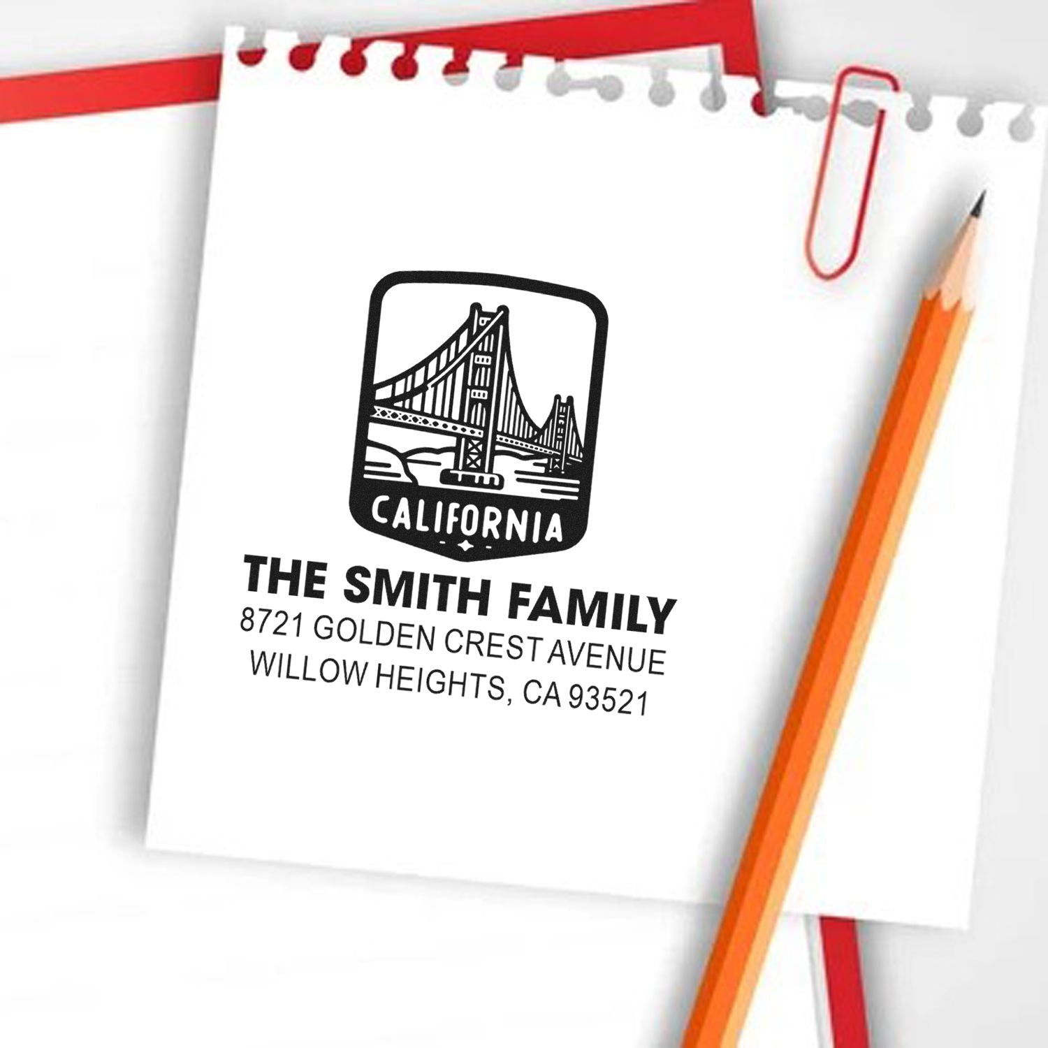 Personalized California address rubber stamp for The Smith Family with bridge logo for envelopes, stationery, and mail.