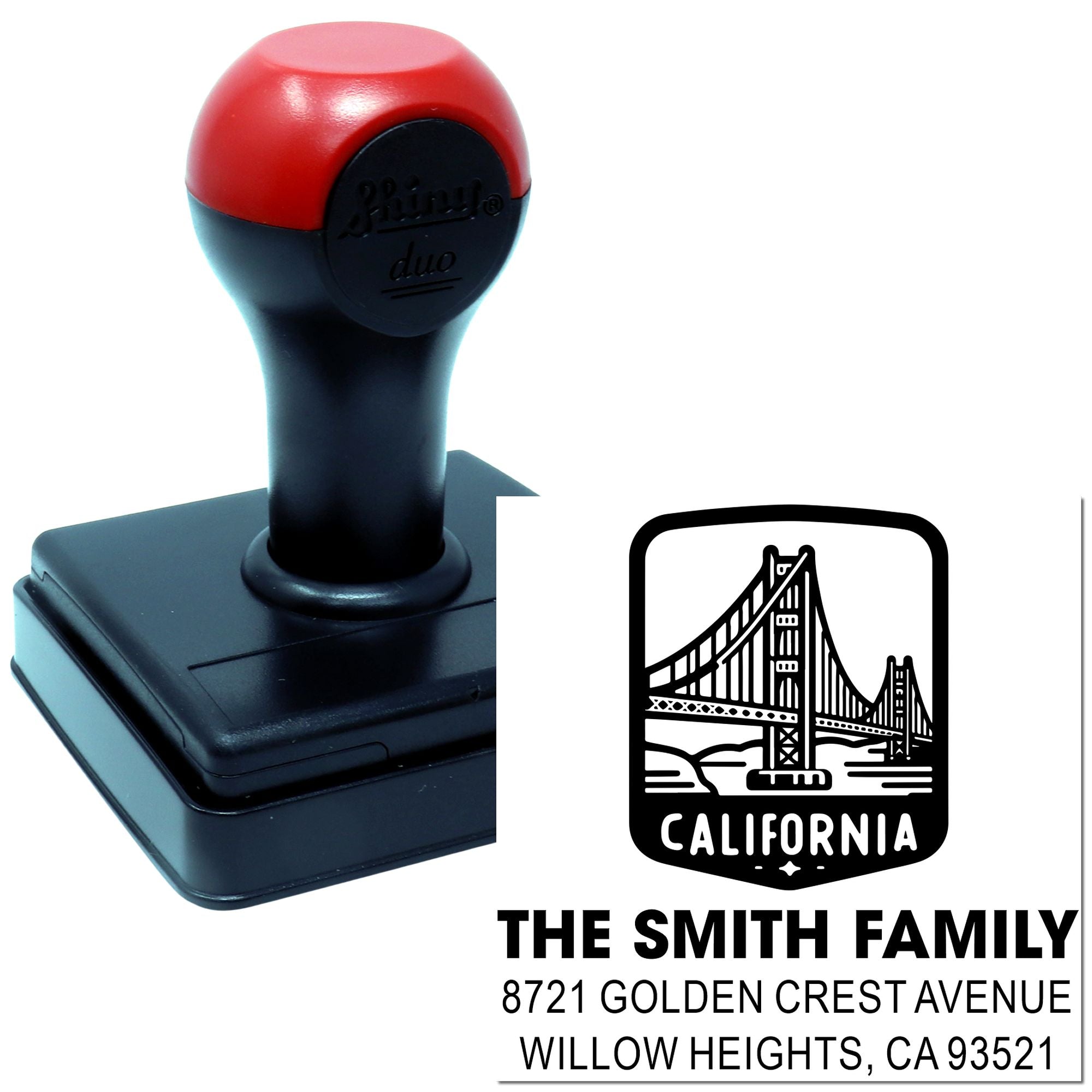 Custom self-inking rubber stamp with California bridge logo and Smith family return address design for mailing labels.