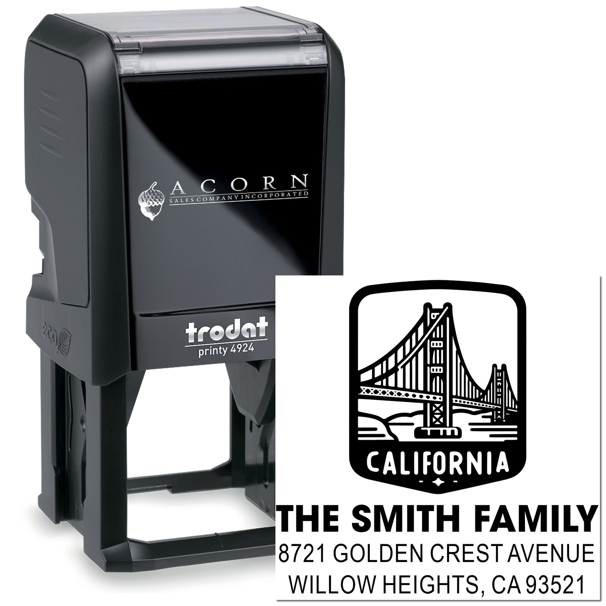 Custom self-inking address rubber stamp with California bridge logo and Smith family address, Trodat Printy 4924.