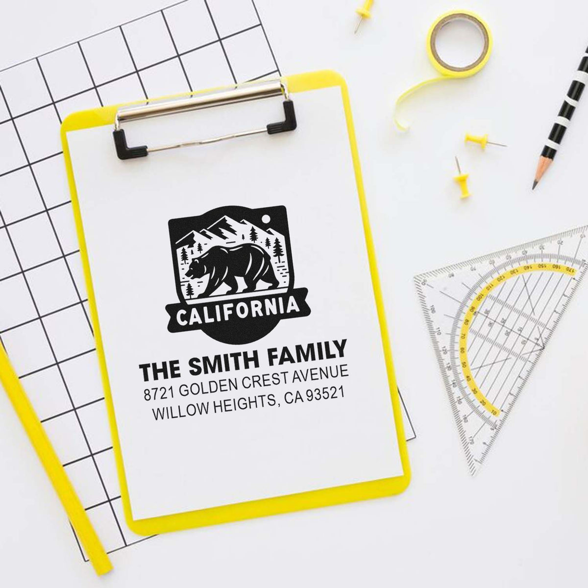 Custom family address rubber stamp with California bear design for return addresses, wedding invitations, and envelopes.