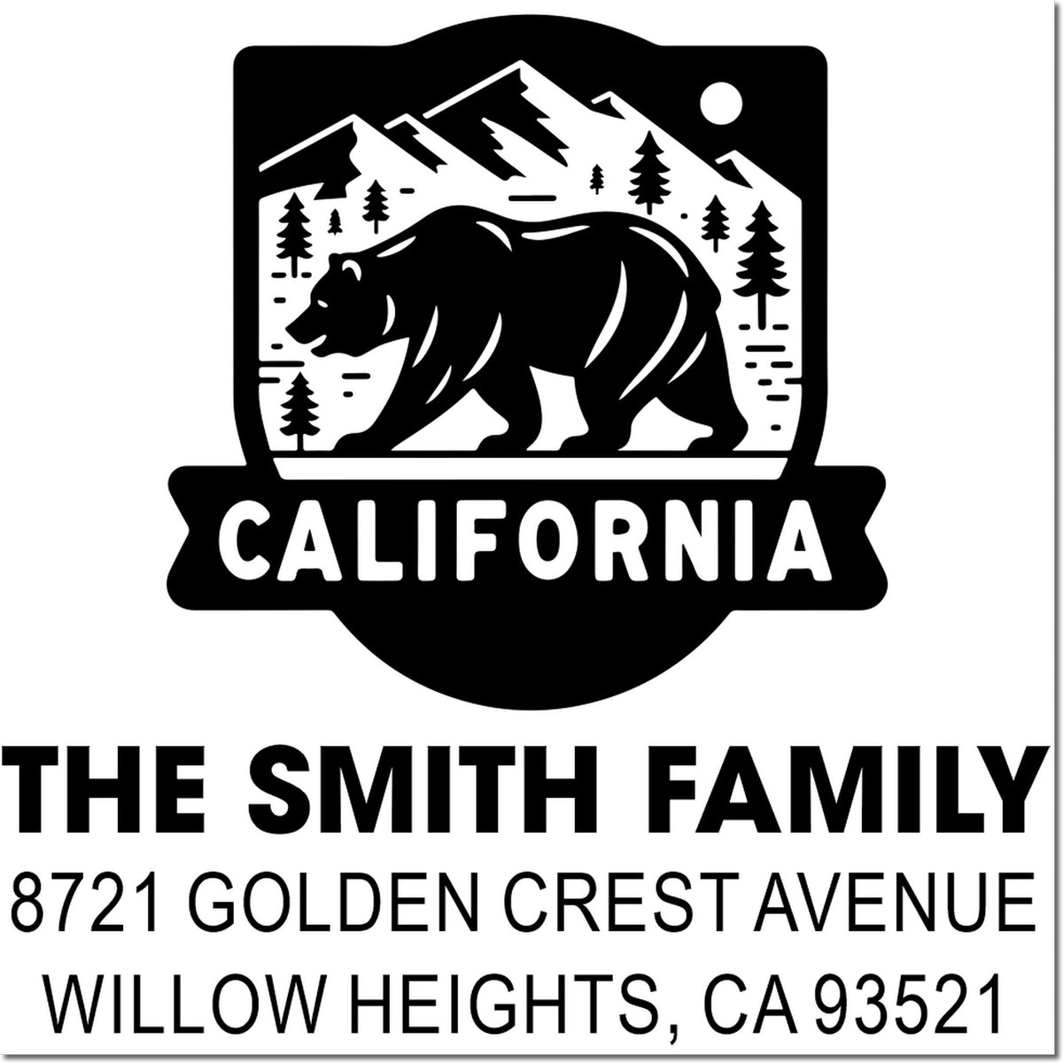 Custom California bear return address rubber stamp for The Smith Family, 8721 Golden Crest Avenue, Willow Heights, CA 93521