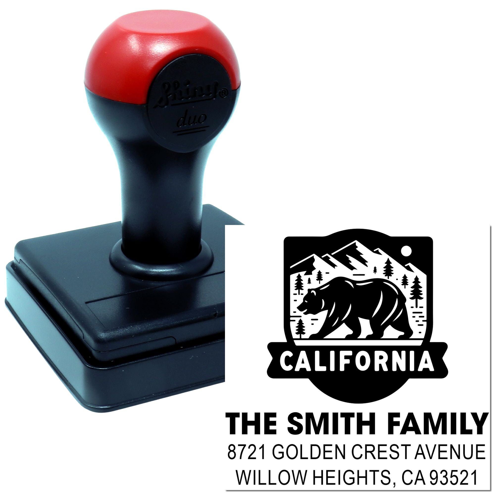 Custom return address rubber stamp with California bear design for The Smith Family.