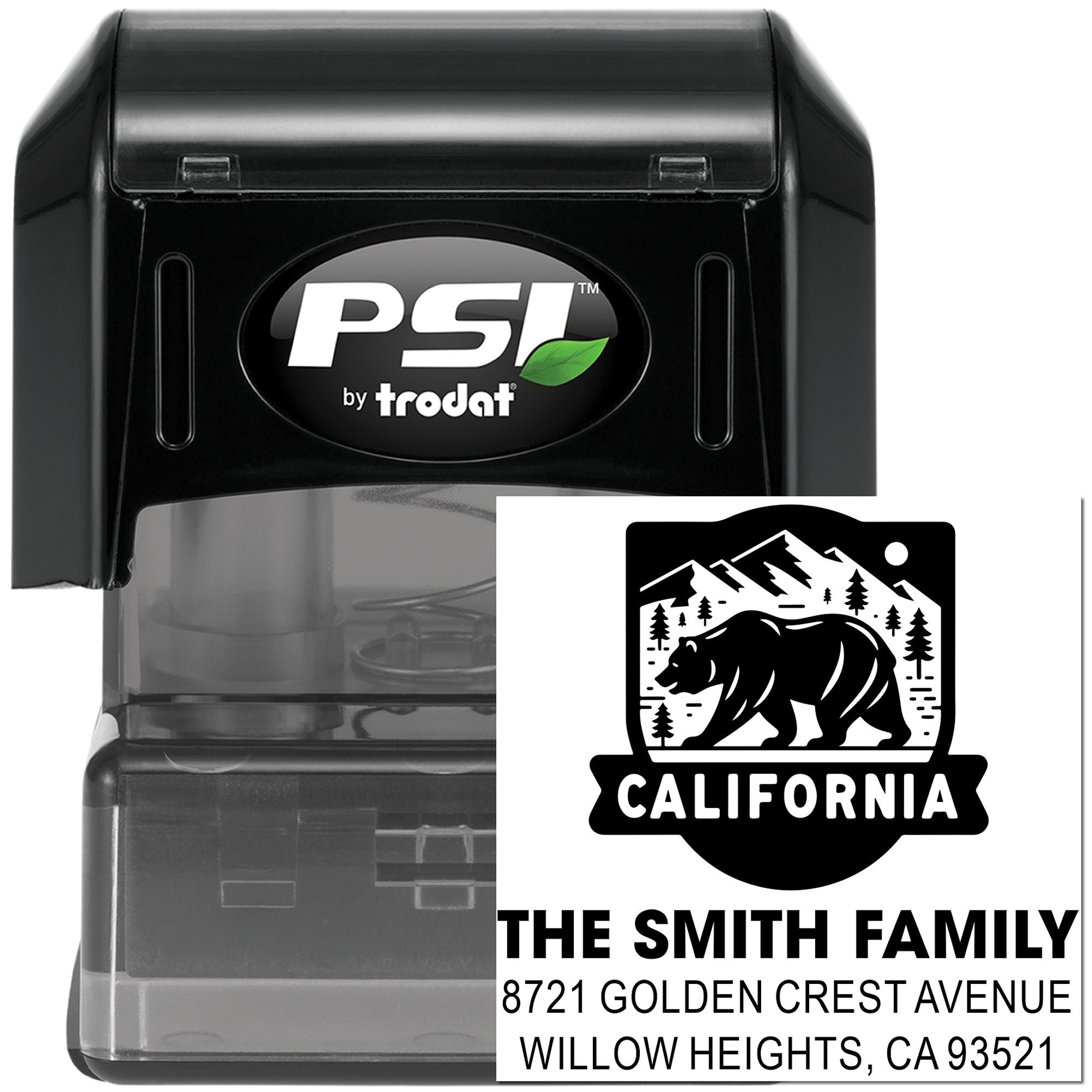 Custom self-inking rubber stamp with California bear design and family address, PSI by Trodat personalized return address stamp.