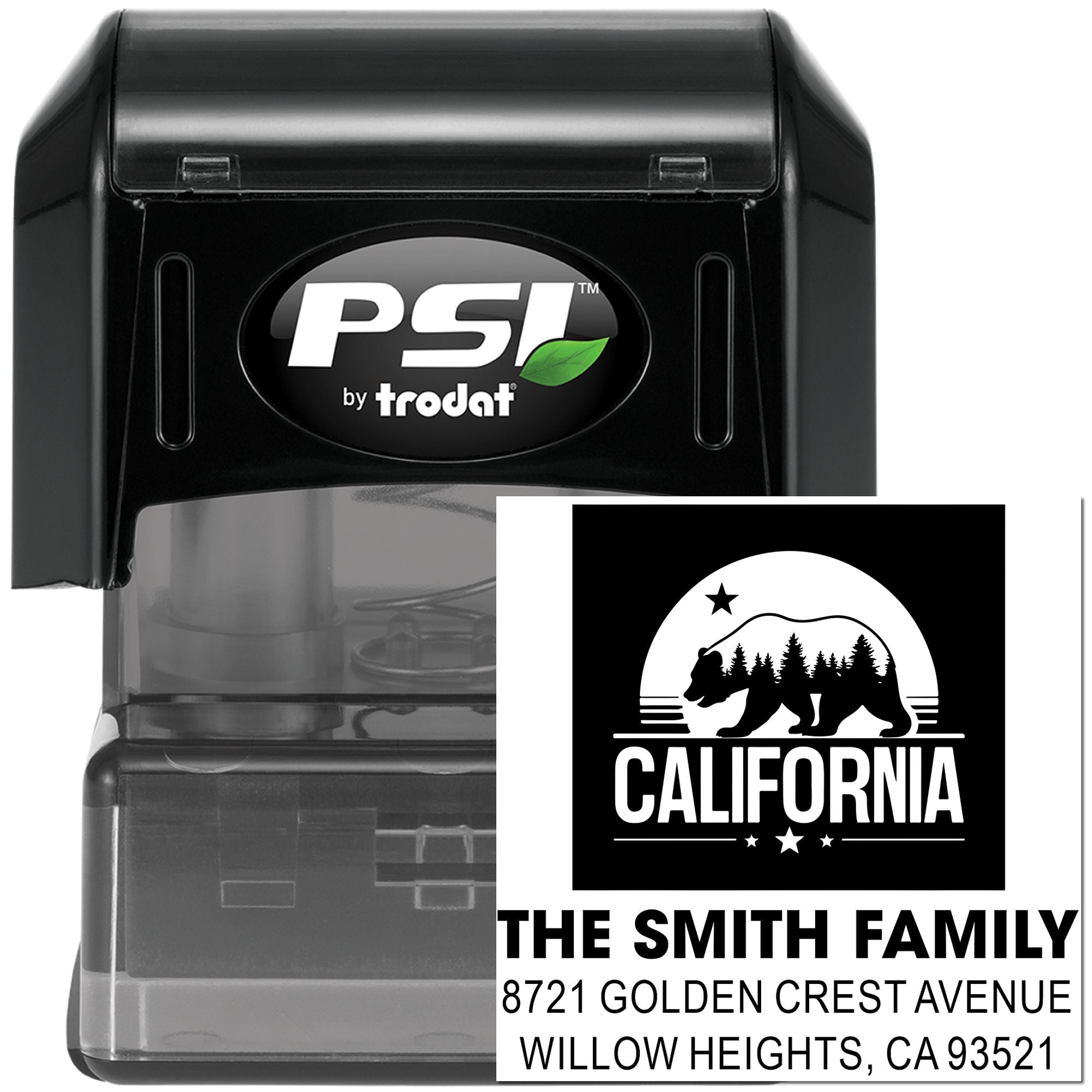 Custom self-inking PSI by Trodat return address stamp with California bear design for The Smith Family, Willow Heights, CA