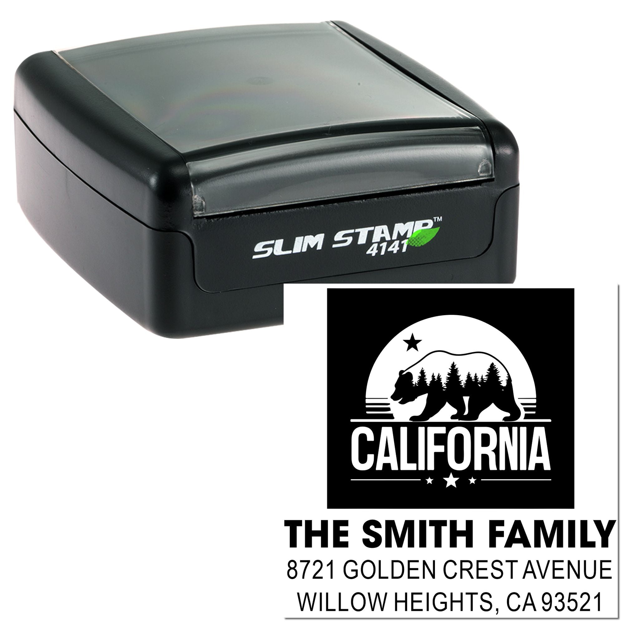 Custom Slim Stamp 4141 rubber address stamp with California bear design for The Smith Family return address label