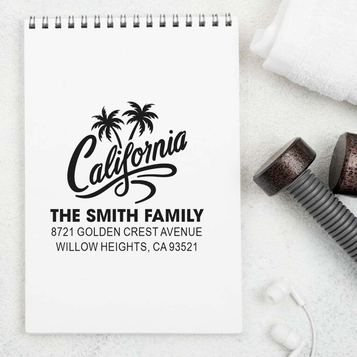 Custom California return address rubber stamp for The Smith Family with palm tree design and home address.