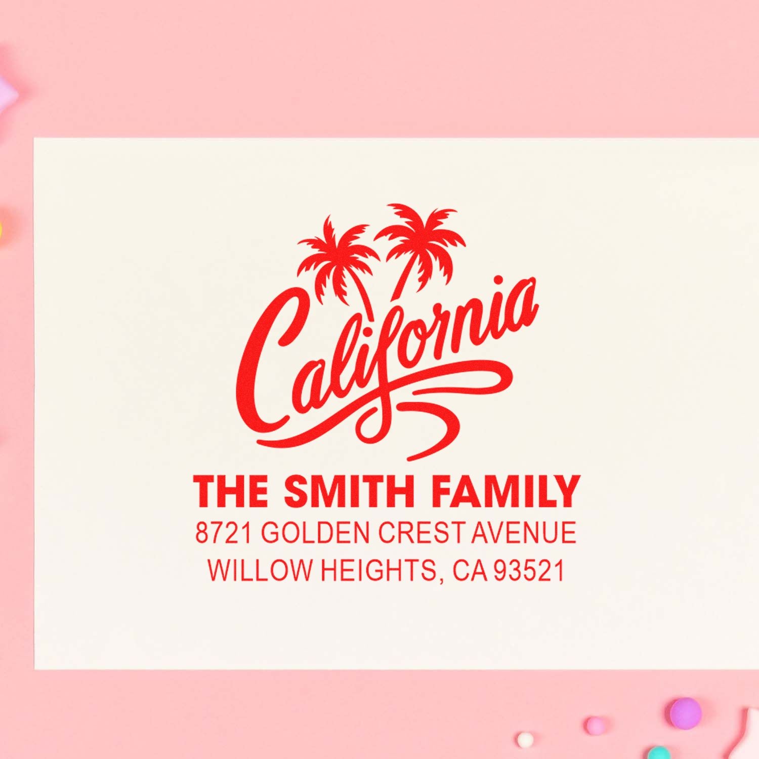 Custom California address rubber stamp for The Smith Family with palm tree design and Willow Heights return address.
