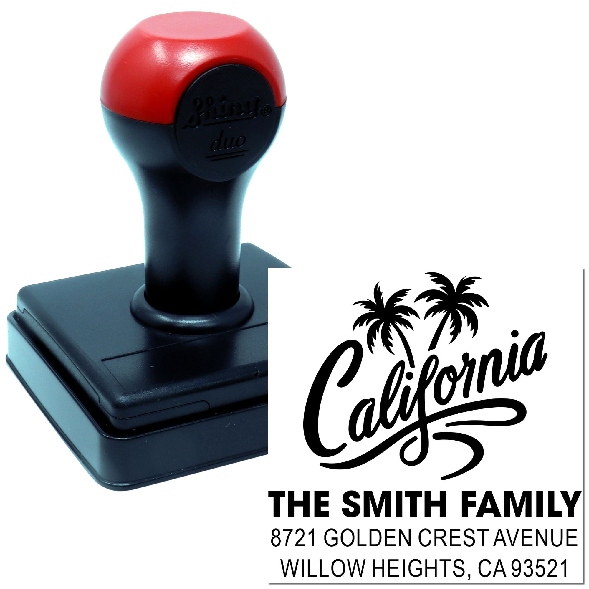 Custom California return address self-inking rubber stamp with palm trees for The Smith Family.