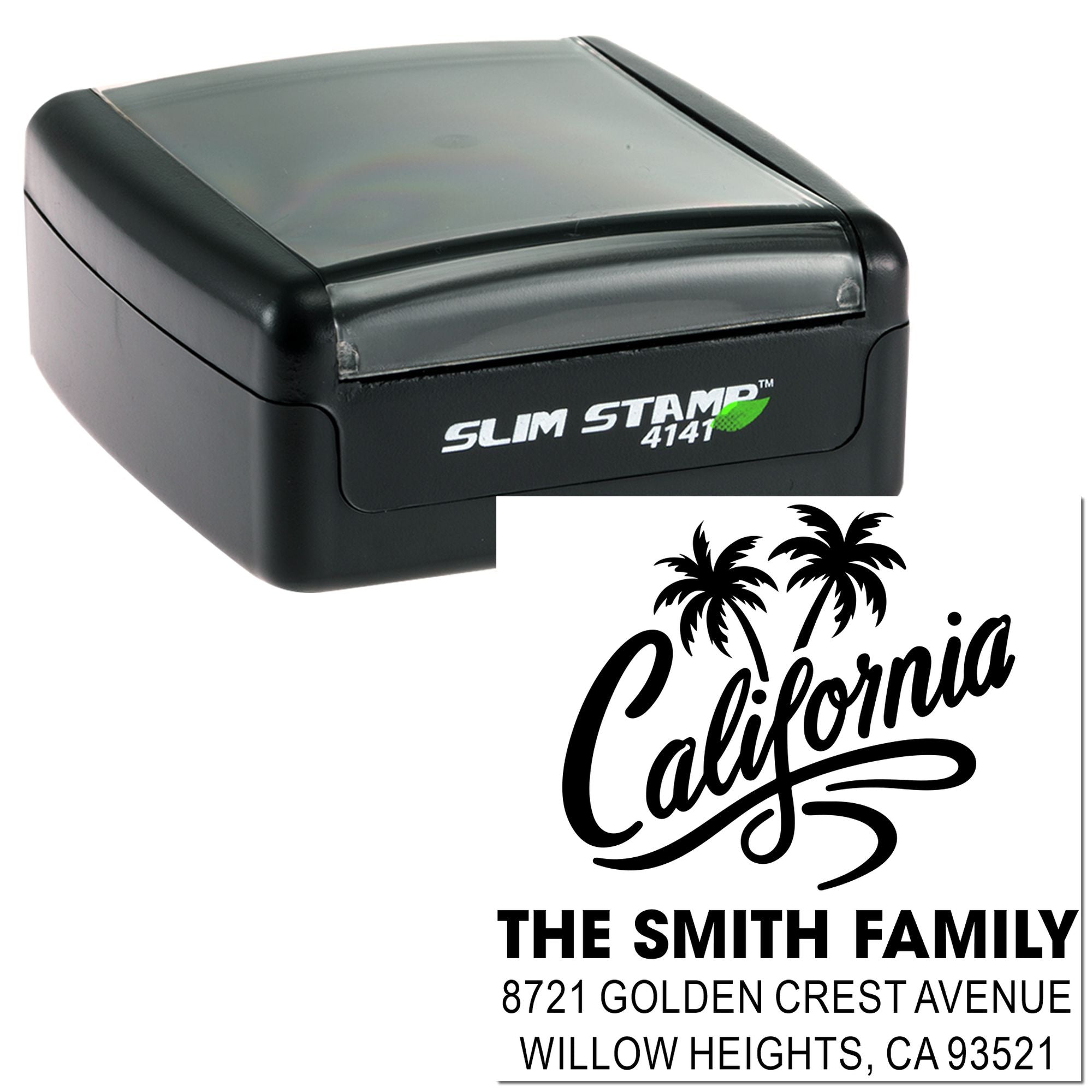 Custom self-inking rubber stamp with California palm tree return address design for The Smith Family.