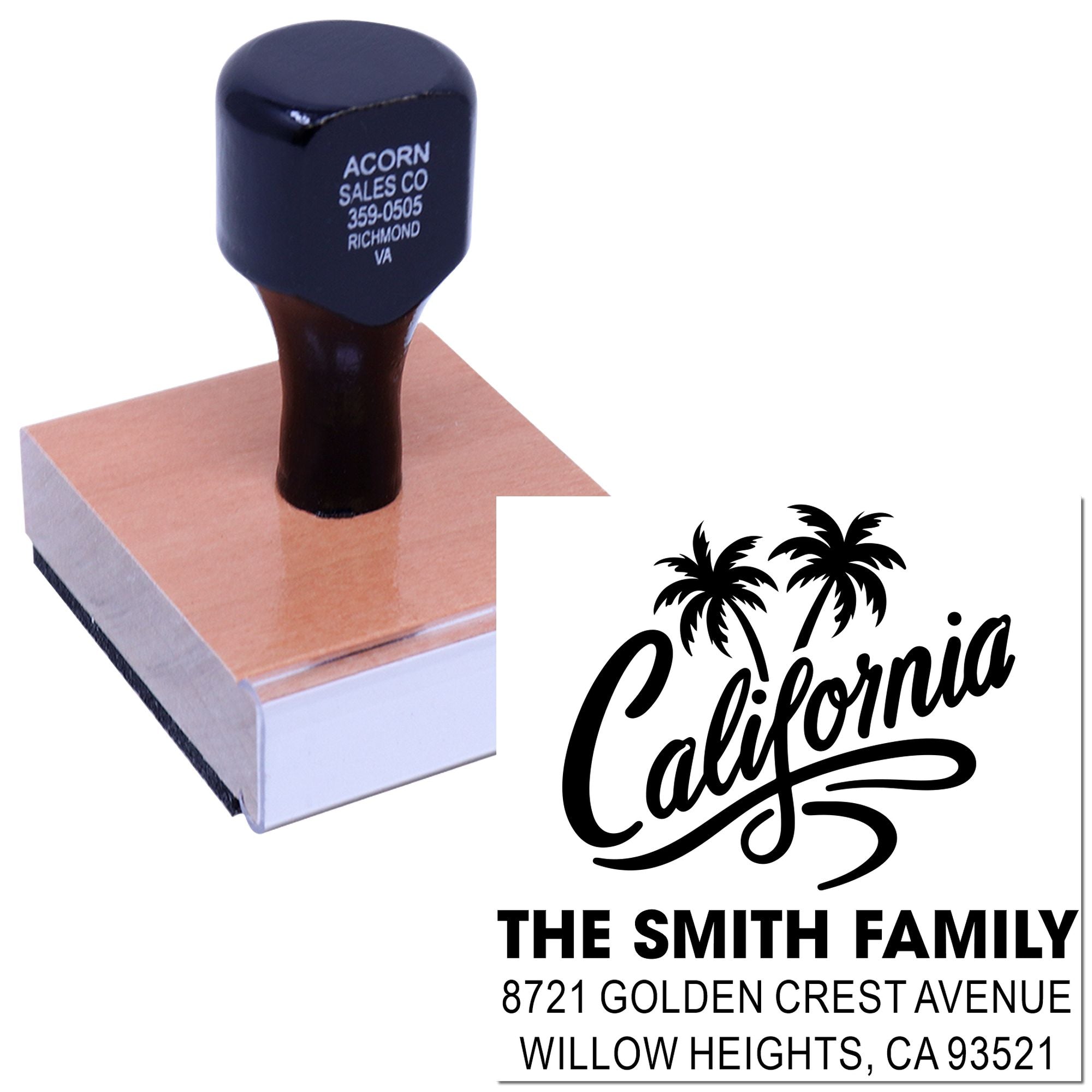 Custom California return address rubber stamp with palm tree design for The Smith Family.