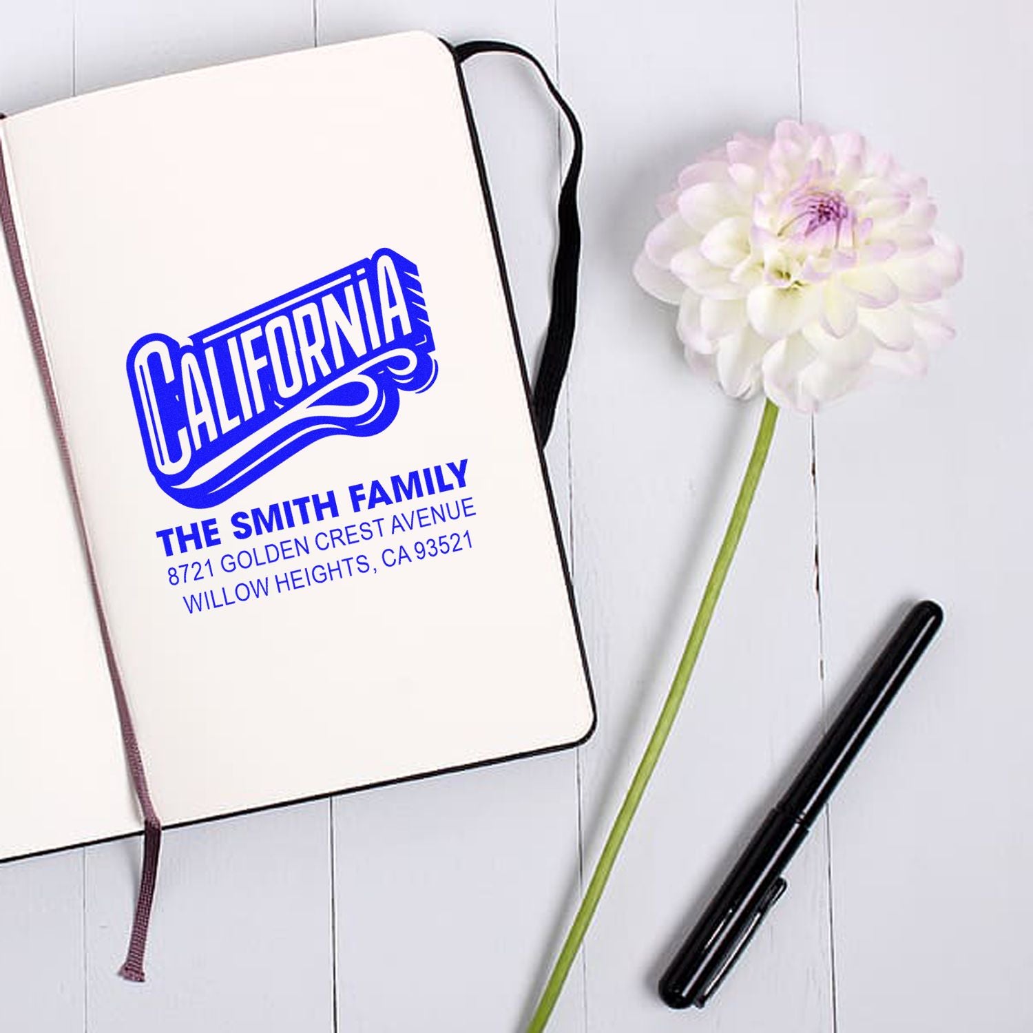 Custom California return address rubber stamp for The Smith Family, personalized address stamp for stationery and gifts