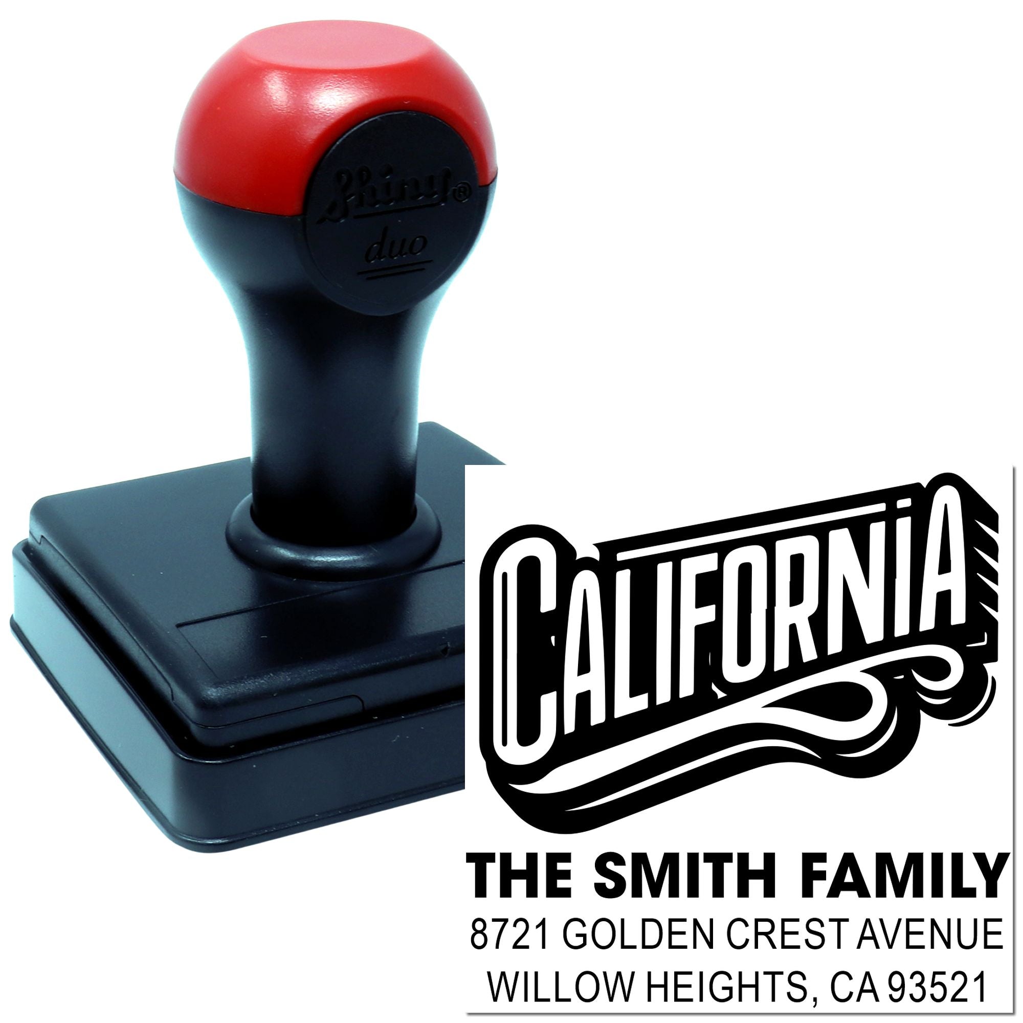 Personalized self-inking rubber stamp with California return address imprint for The Smith Family.