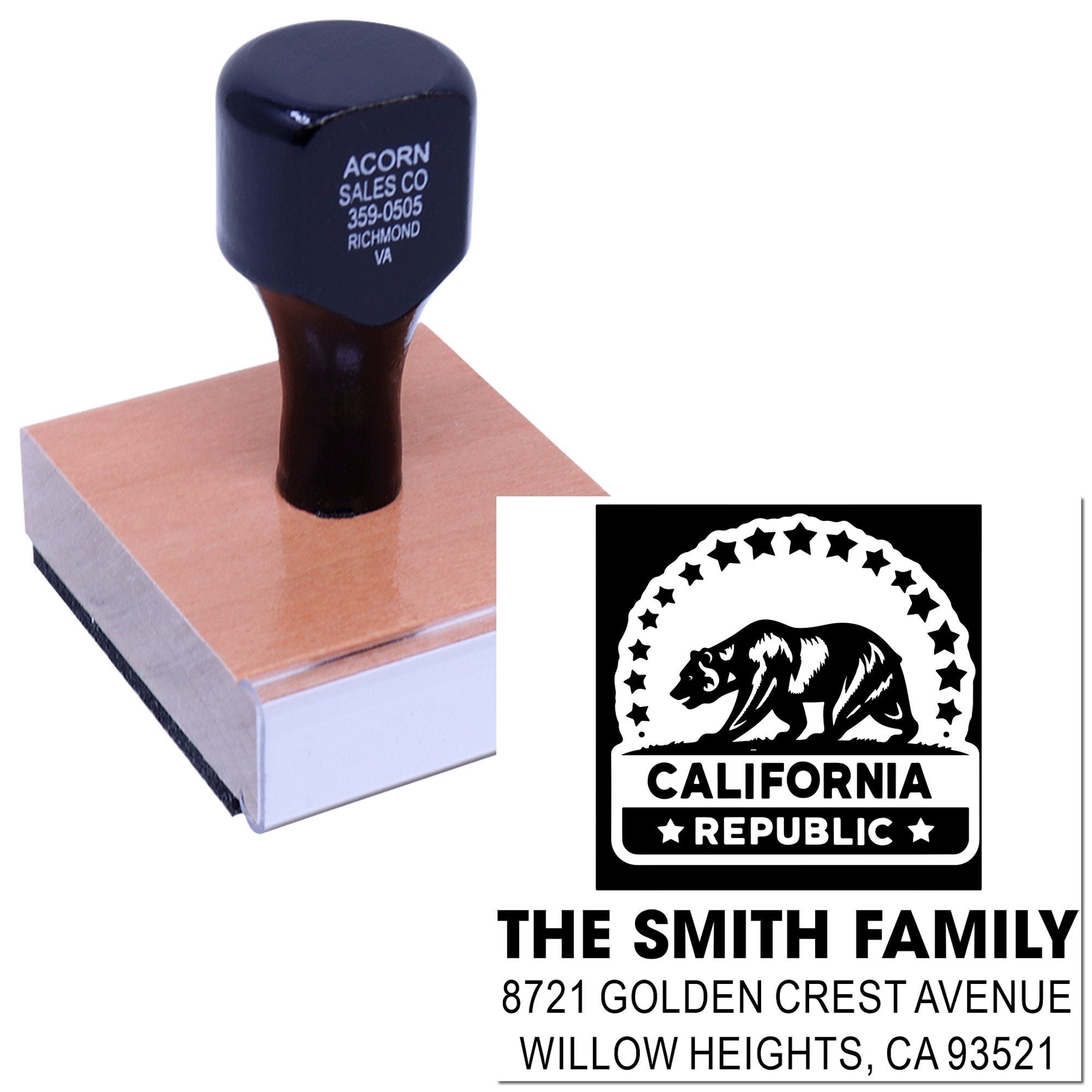 Personalized rubber address stamp with California Republic logo for family mail and business branding.