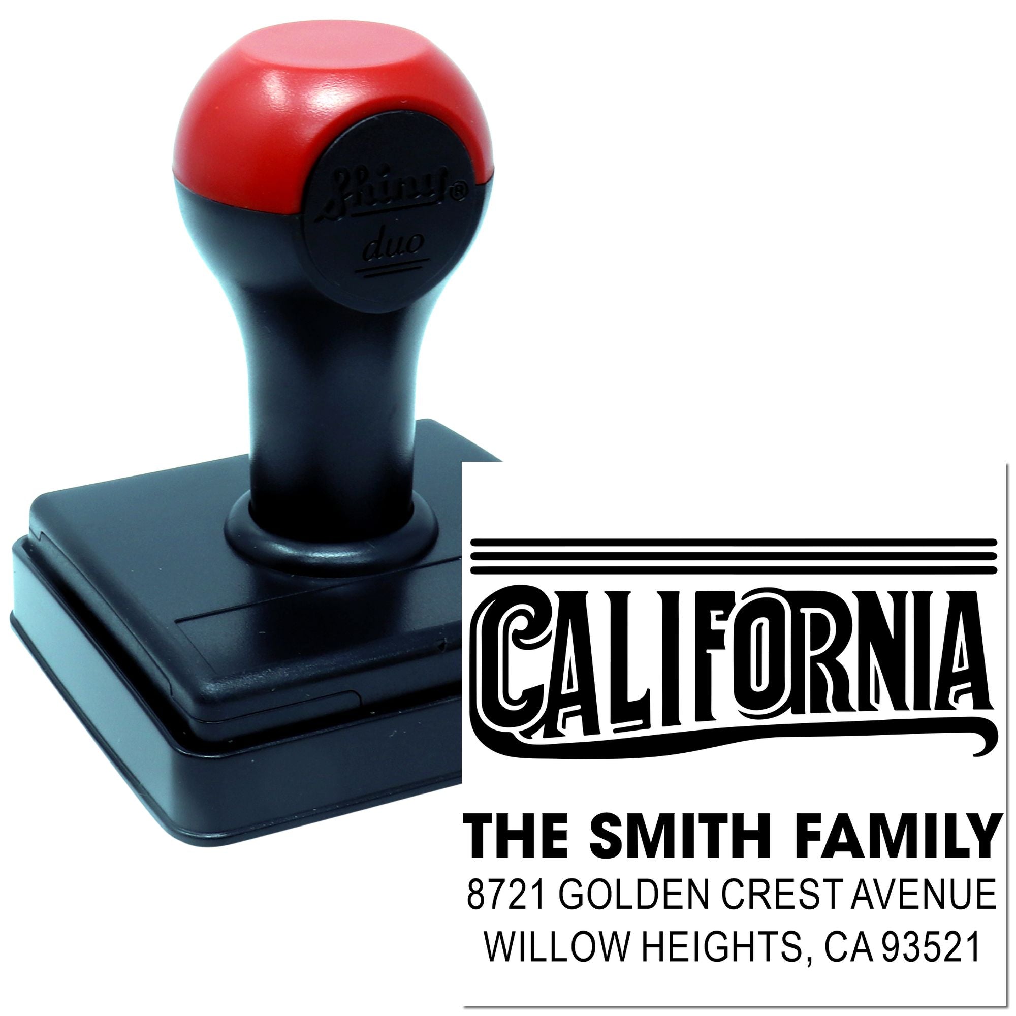 Self-inking personalized return address rubber stamp with California design for The Smith Family
