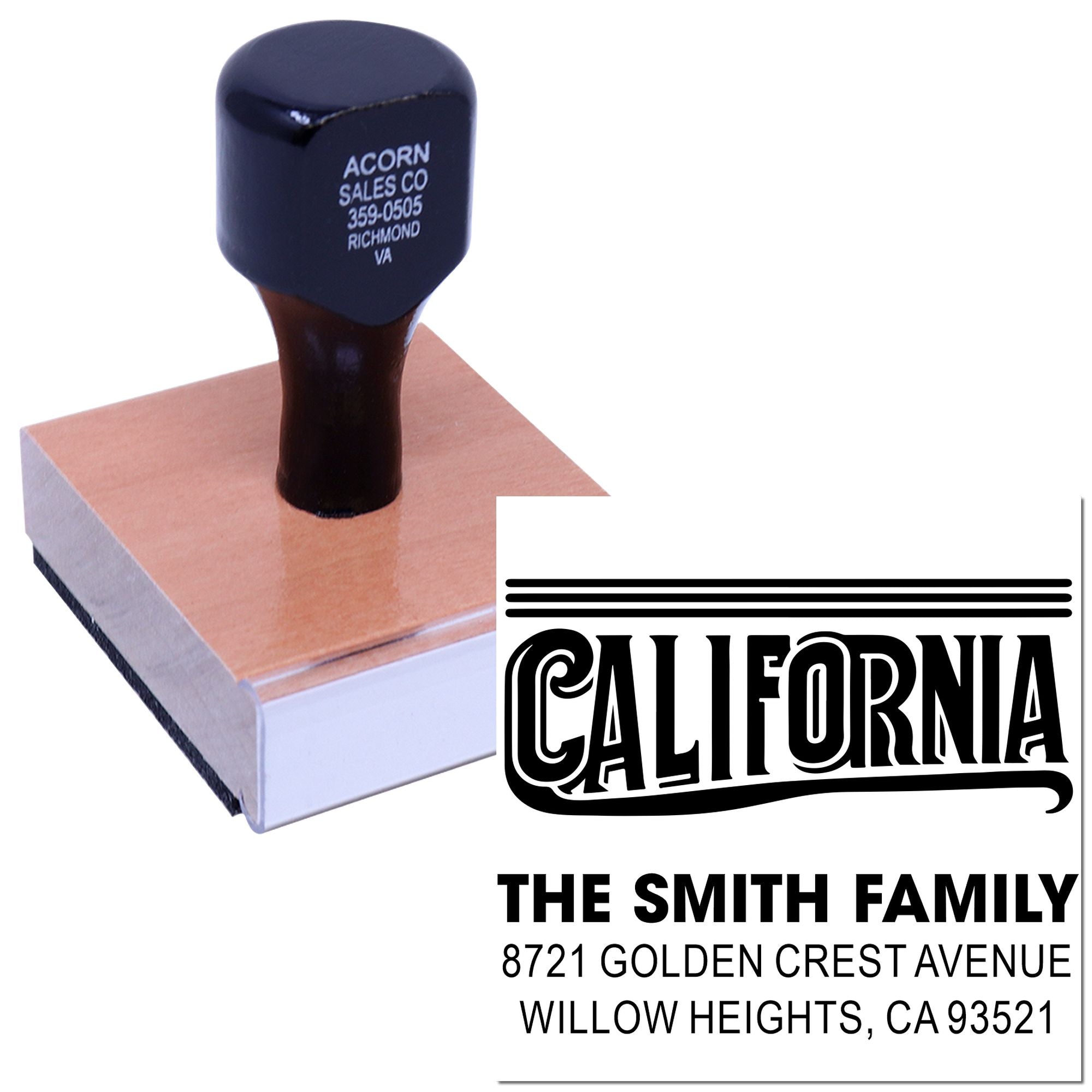 Custom California return address rubber stamp with family name, street address, and city, shown with stamp impression.
