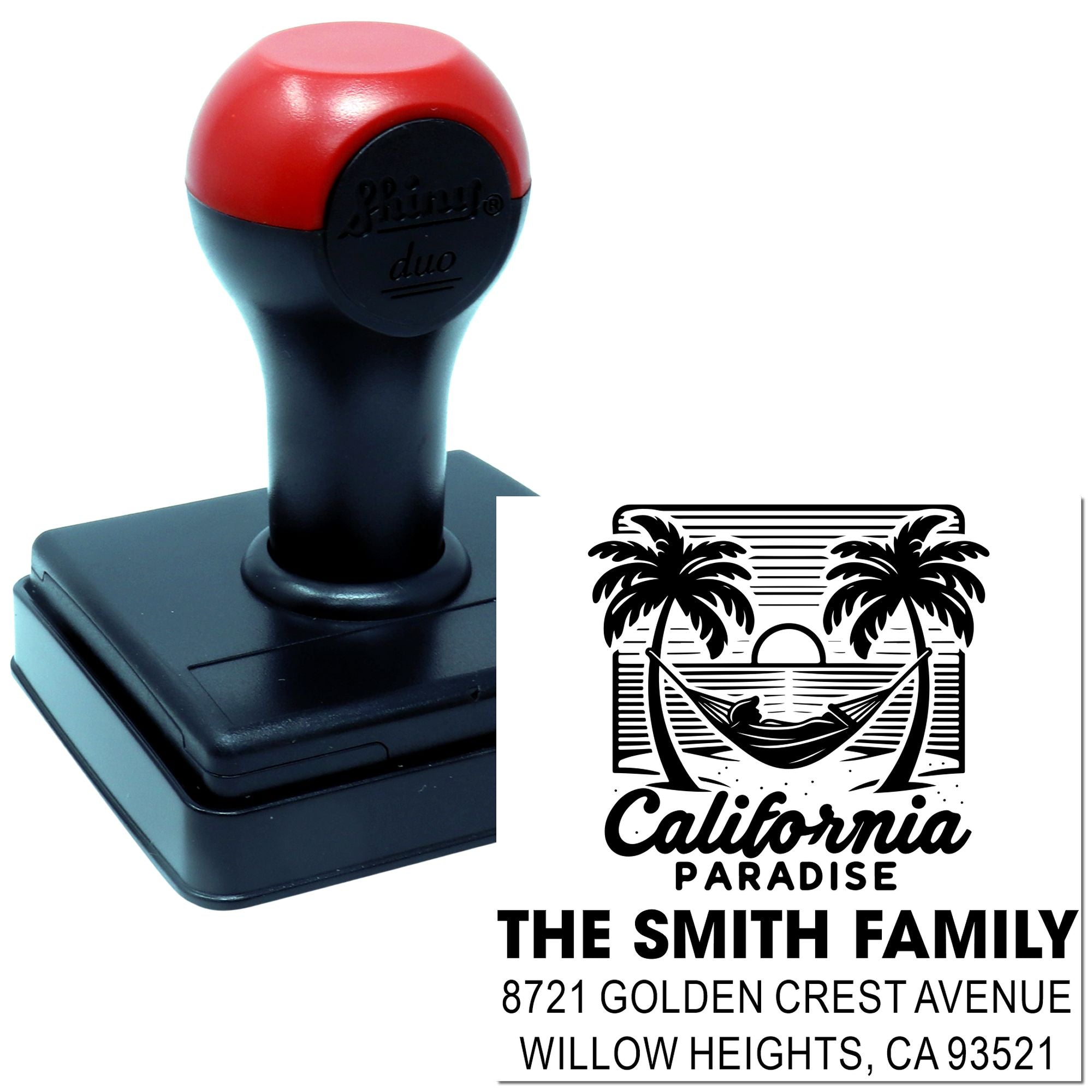 Custom self-inking rubber address stamp featuring California Paradise family name and return address design.