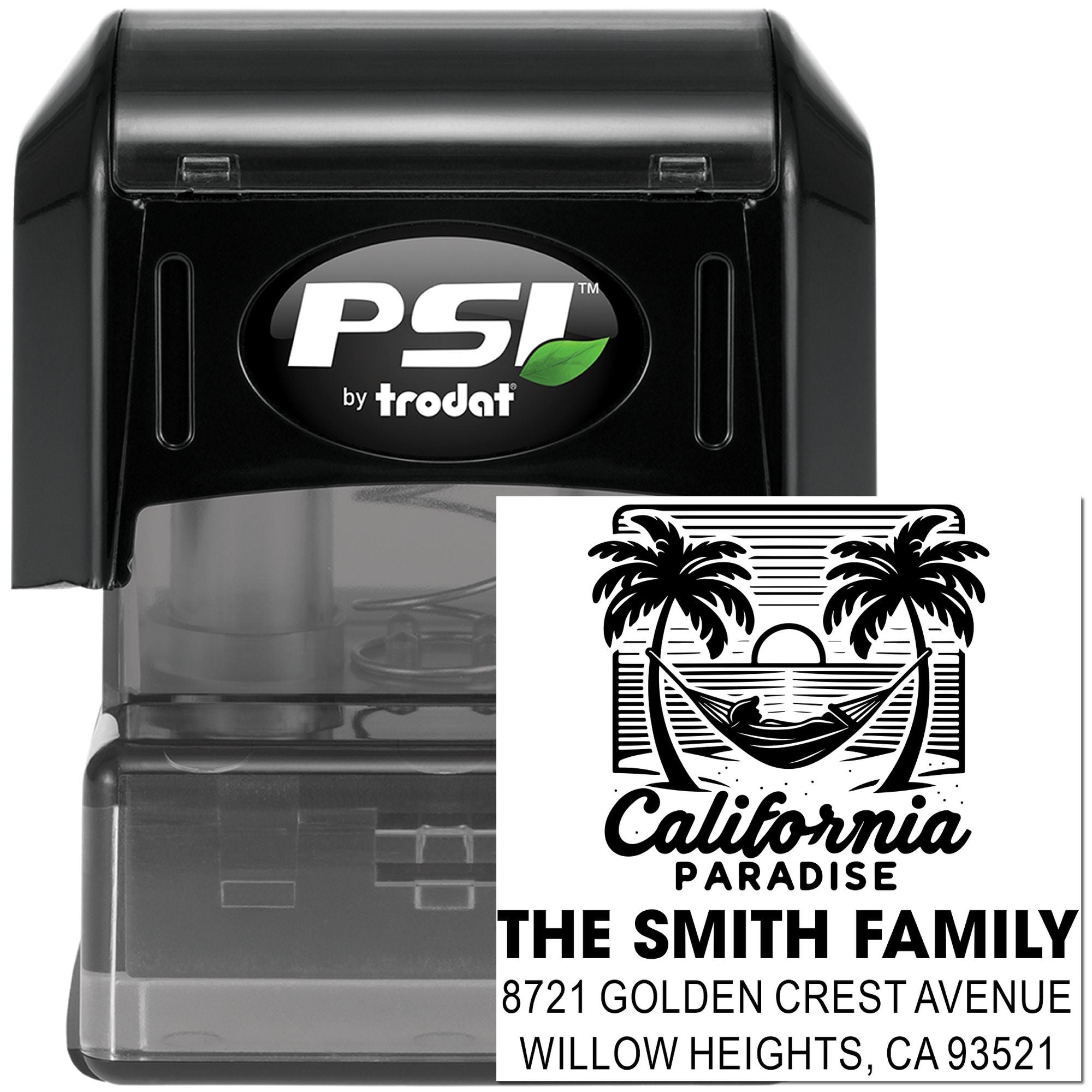 Custom self-inking rubber address stamp with California Paradise palm tree design for the Smith family, by PSI by Trodat