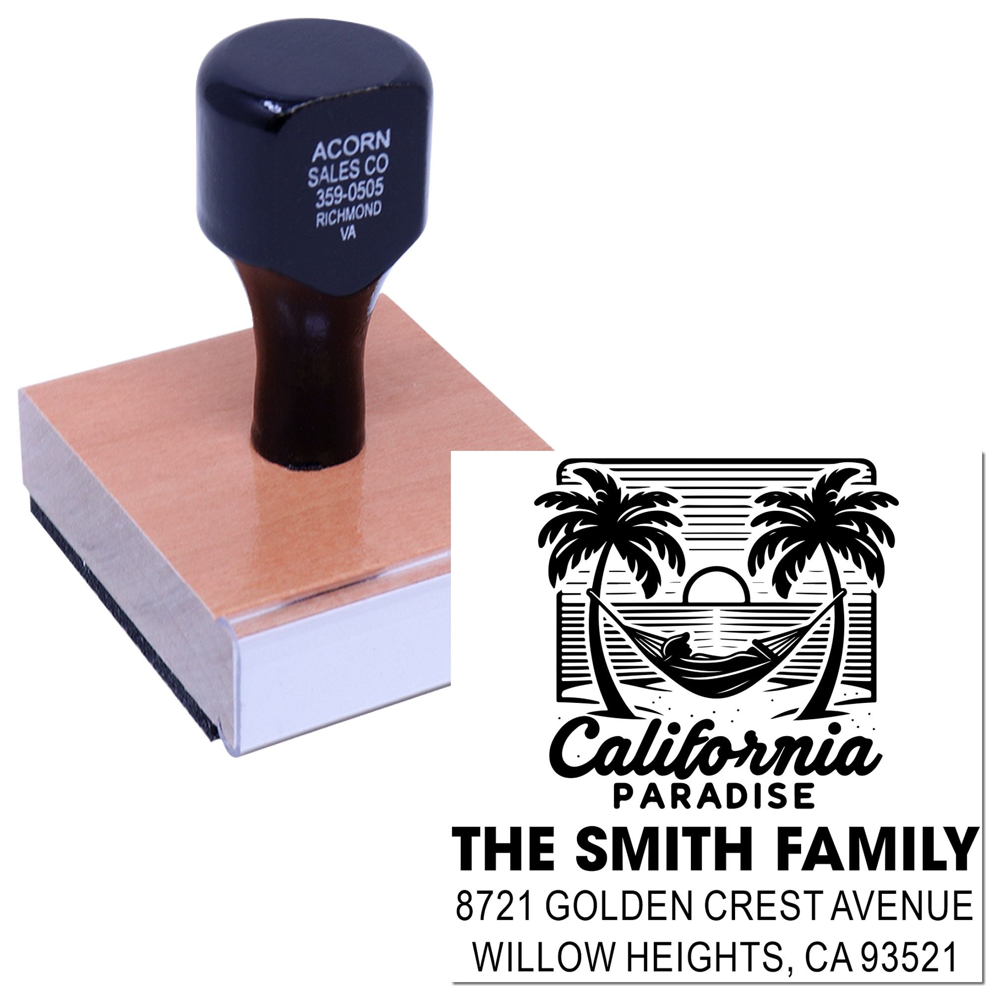 Custom return address rubber stamp with California Paradise palm tree design for The Smith Family, Willow Heights, CA.