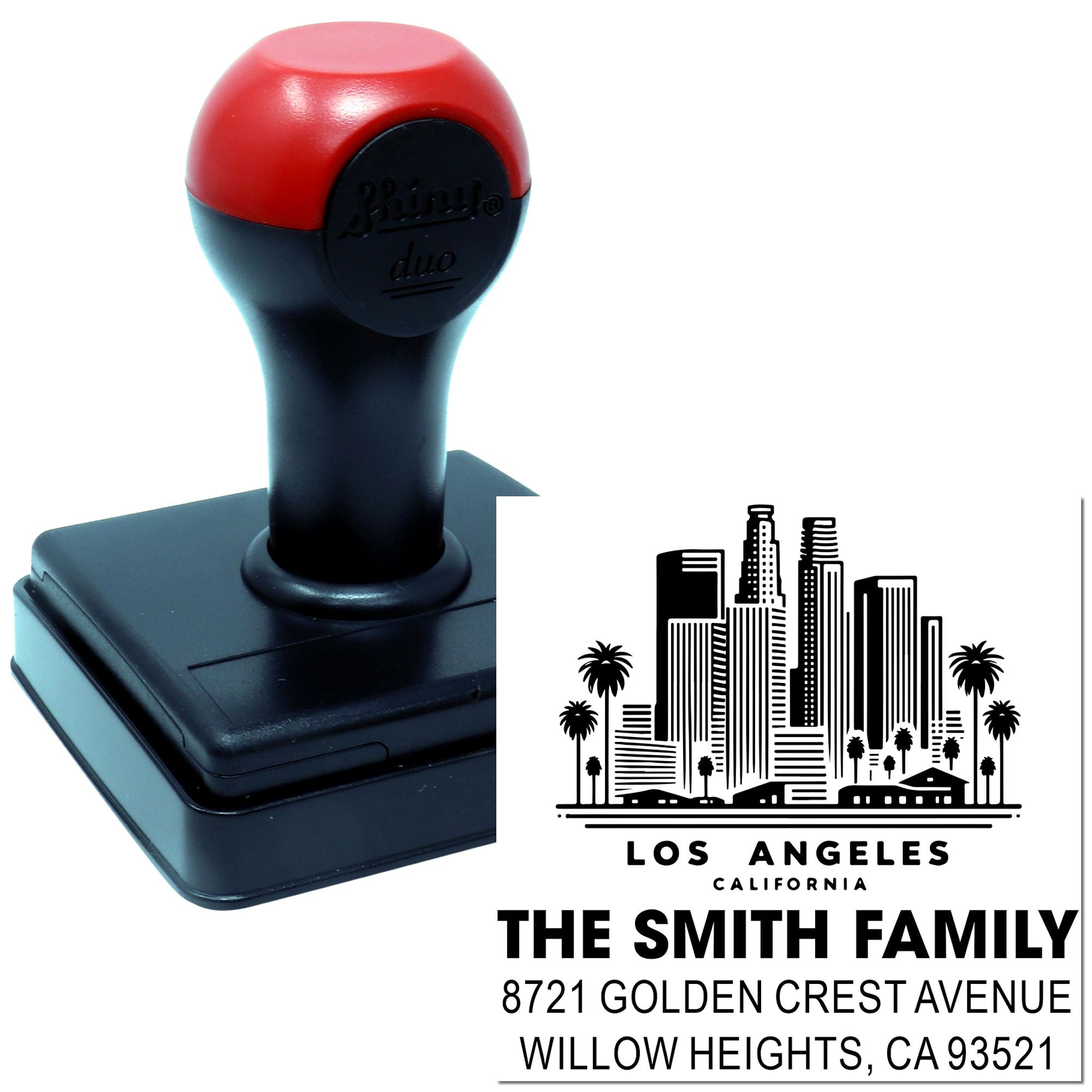Custom self-inking rubber stamp with Los Angeles skyline return address for The Smith Family