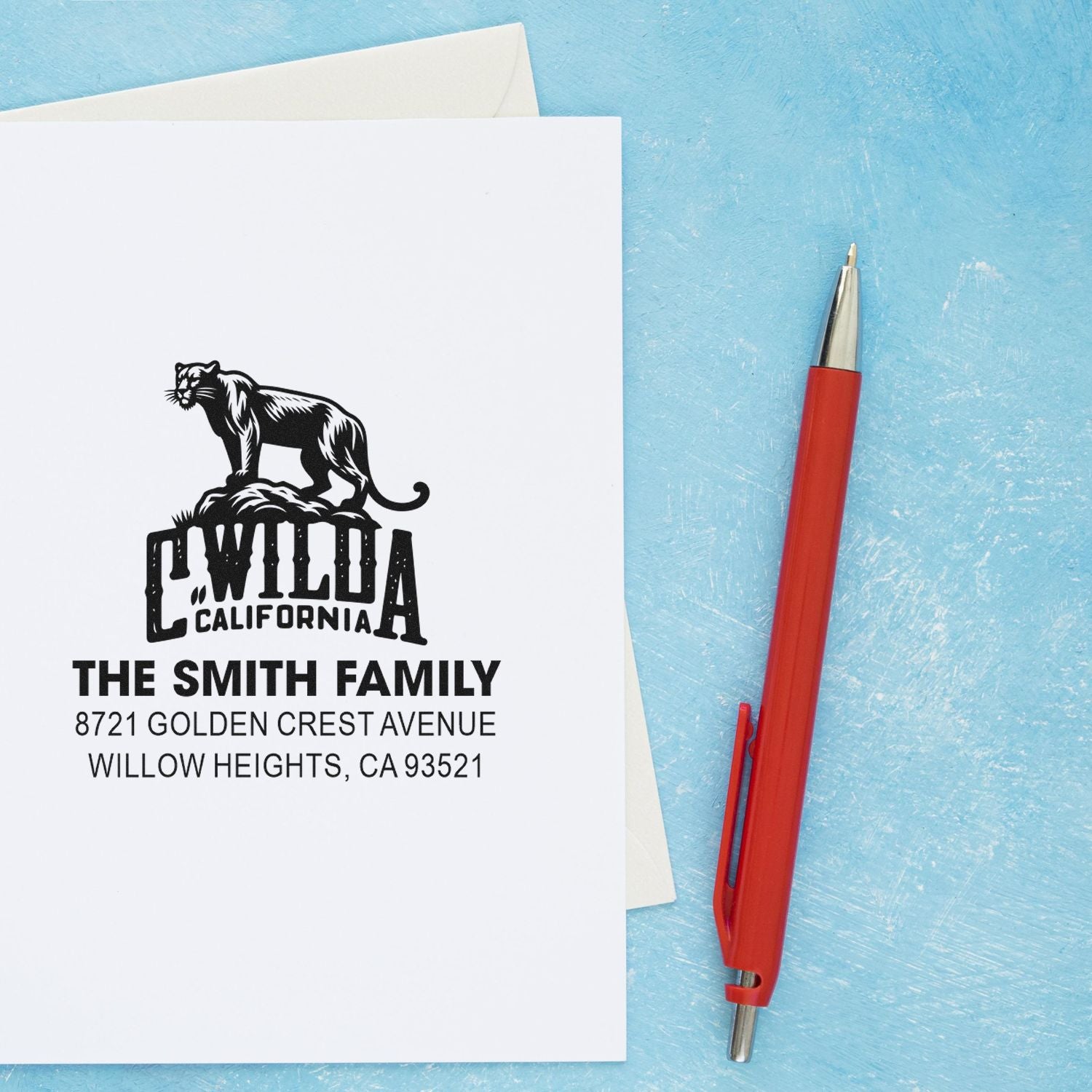 Custom return address rubber stamp for family stationery, featuring a California wildlife design and Smith family address.