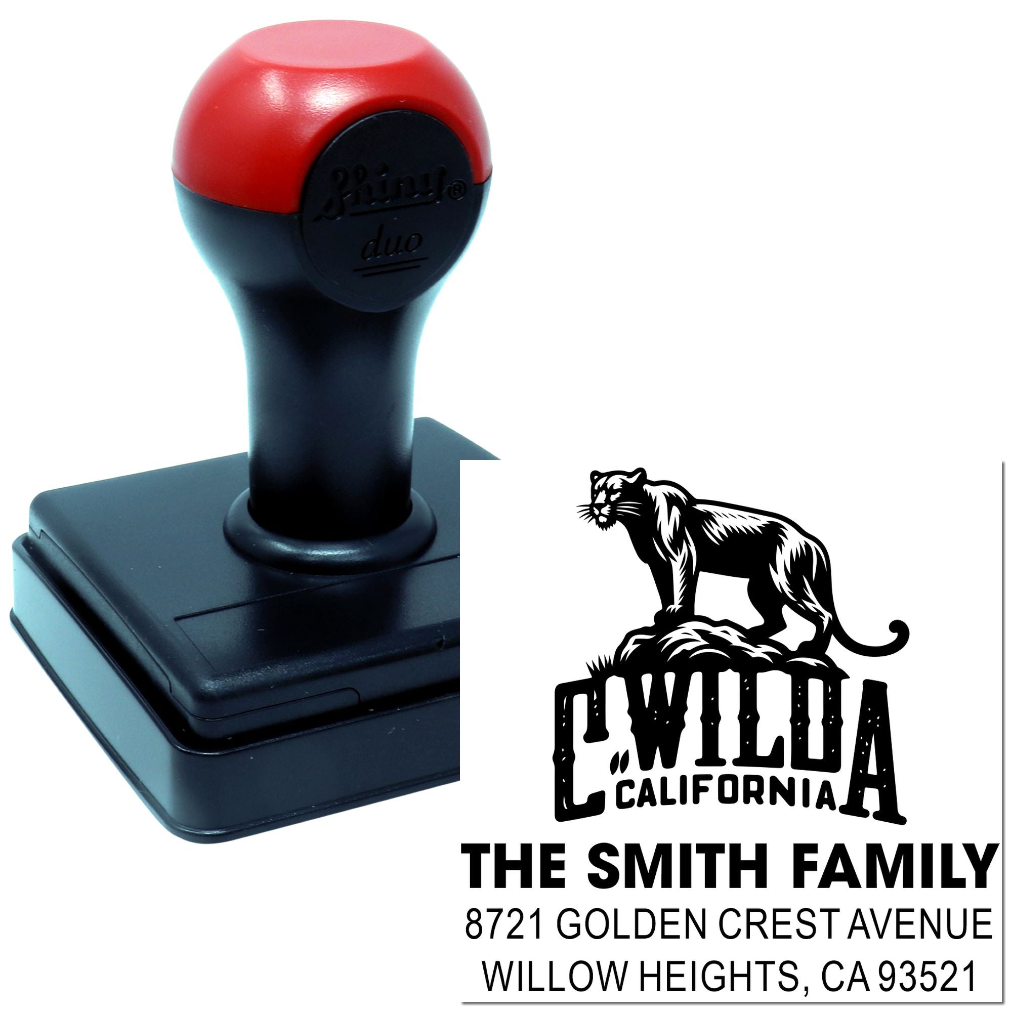 Custom self-inking rubber stamp with The Smith Family California wildcat address design for personalized mailing.