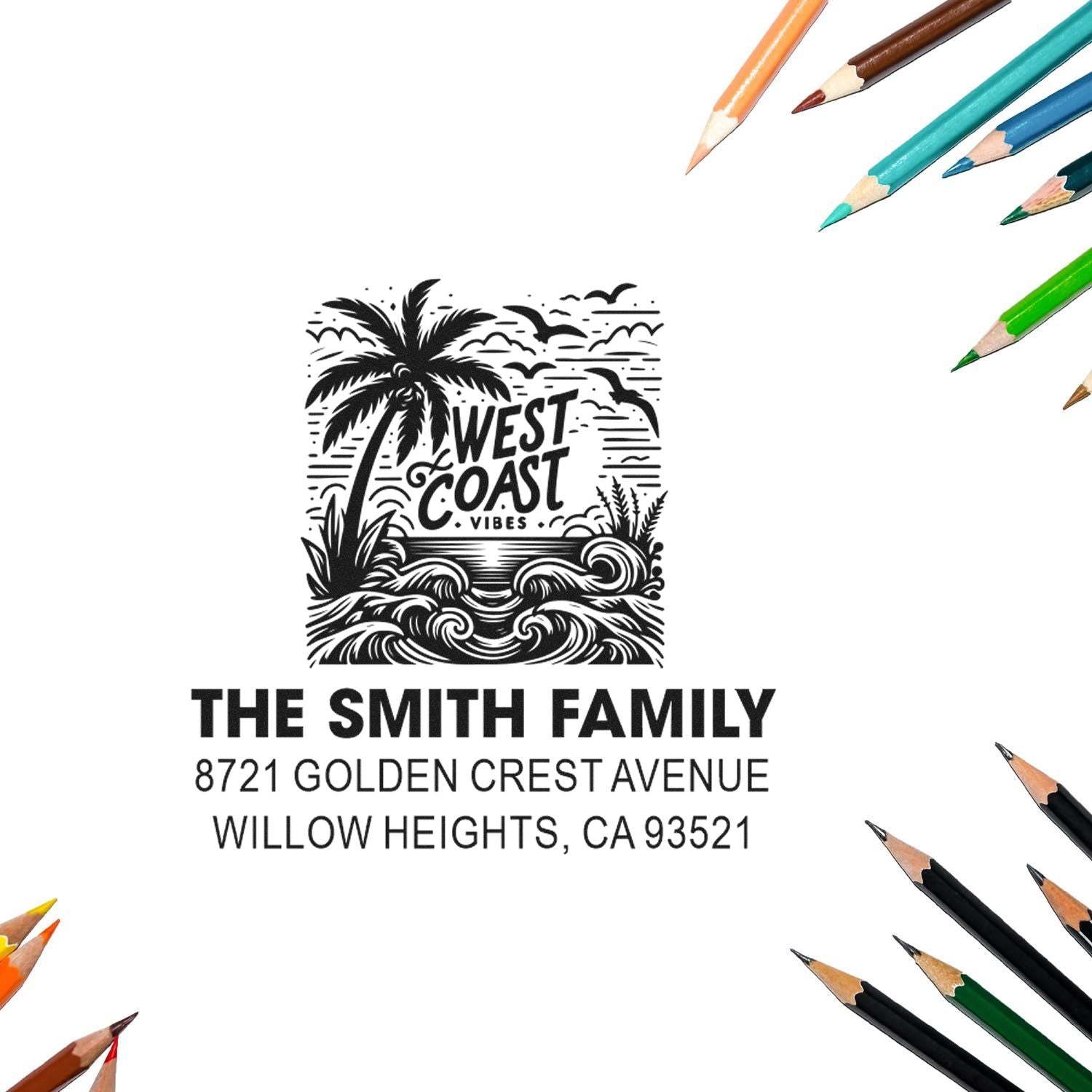 Personalized rubber stamp with West Coast vibes, The Smith Family name and address for custom mail and stationery.