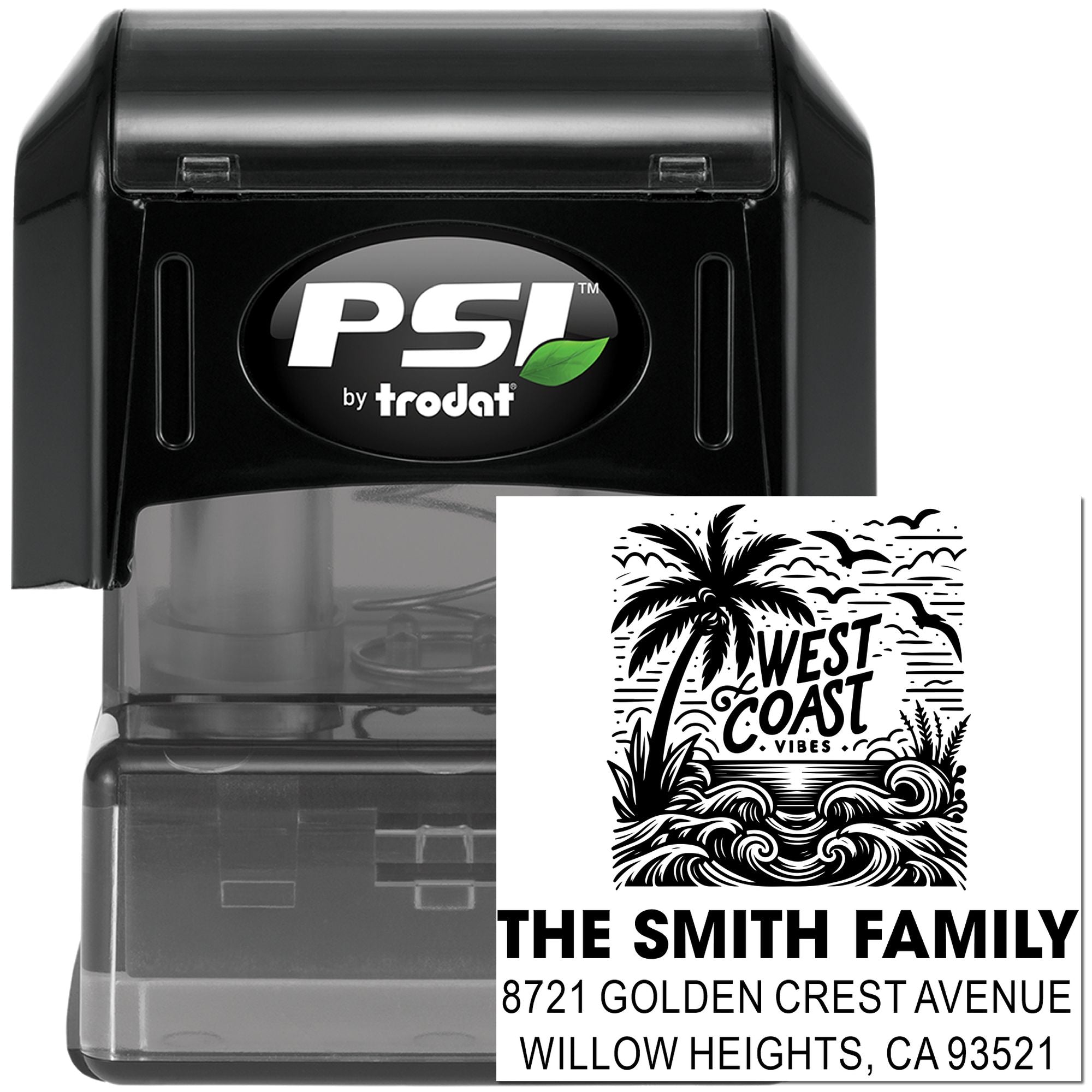 Custom self-inking rubber stamp by PSI Trodat with West Coast Vibes design and Smith family return address.