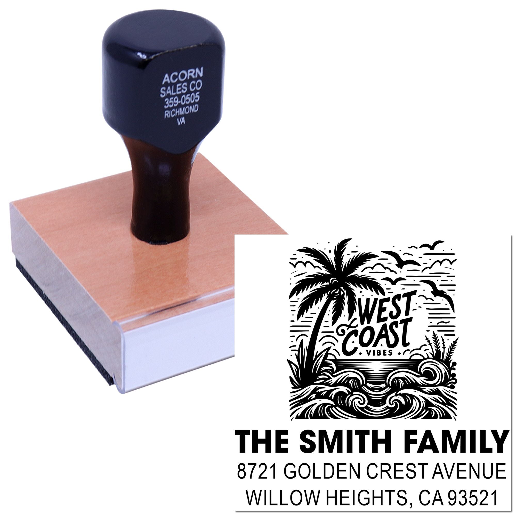 Custom rubber address stamp with West Coast Vibes design, family name, and return address for personalized mail and invitations