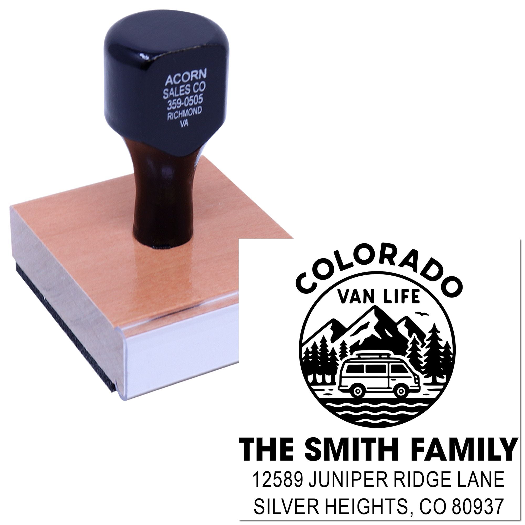 Custom rubber address stamp with Colorado van life family design and personalized return address for mailing and branding.