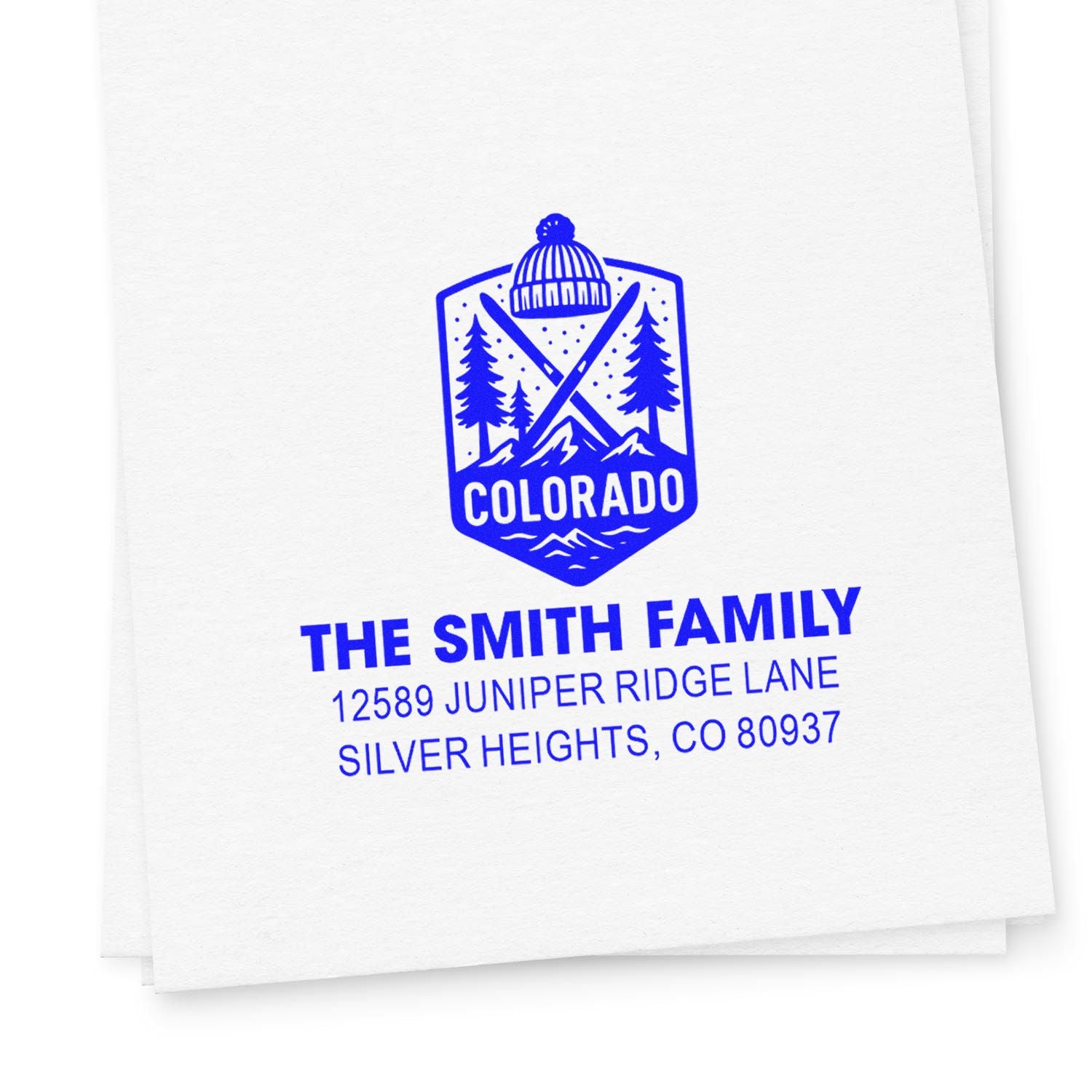 Custom Colorado return address rubber stamp for The Smith Family with mountain logo and Silver Heights, CO address.