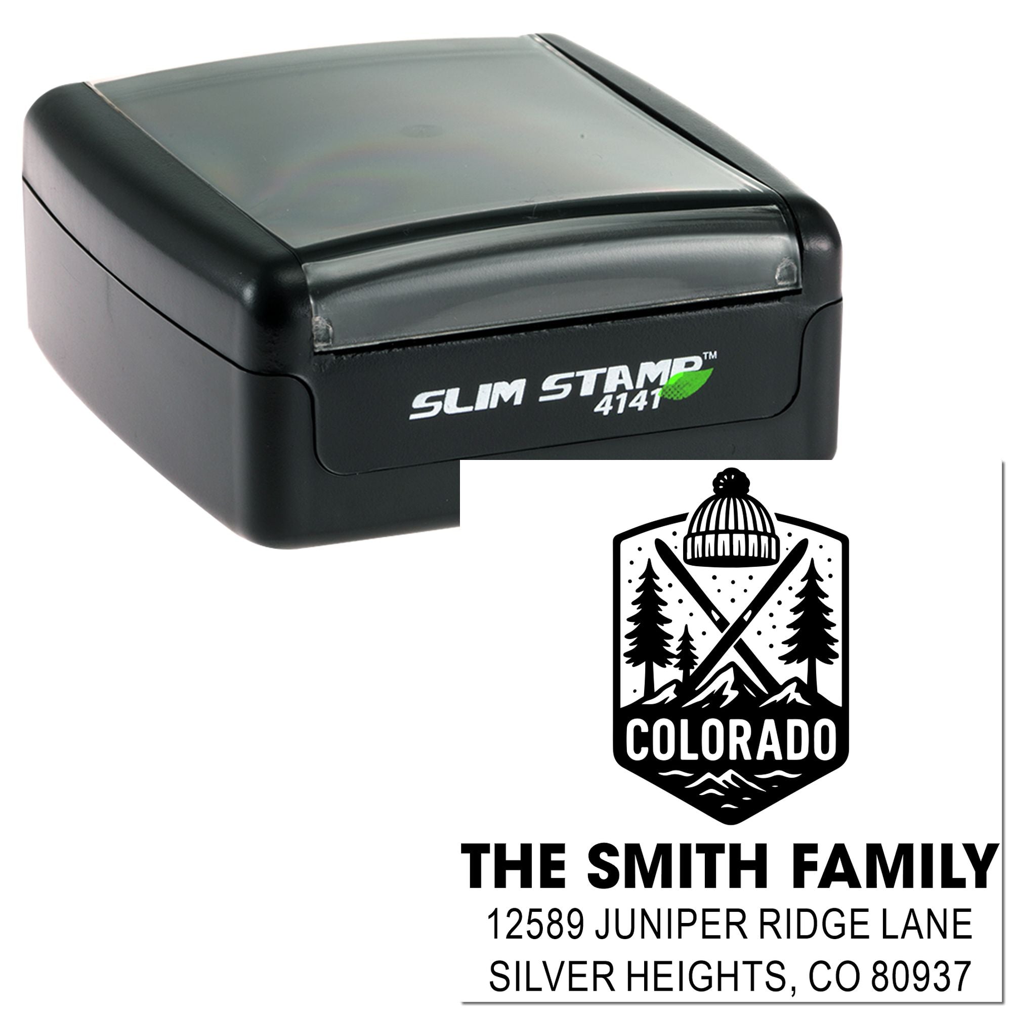 Personalized Colorado return address rubber stamp with Slim Stamp 4141 self-inking stamp and mountain logo for envelopes